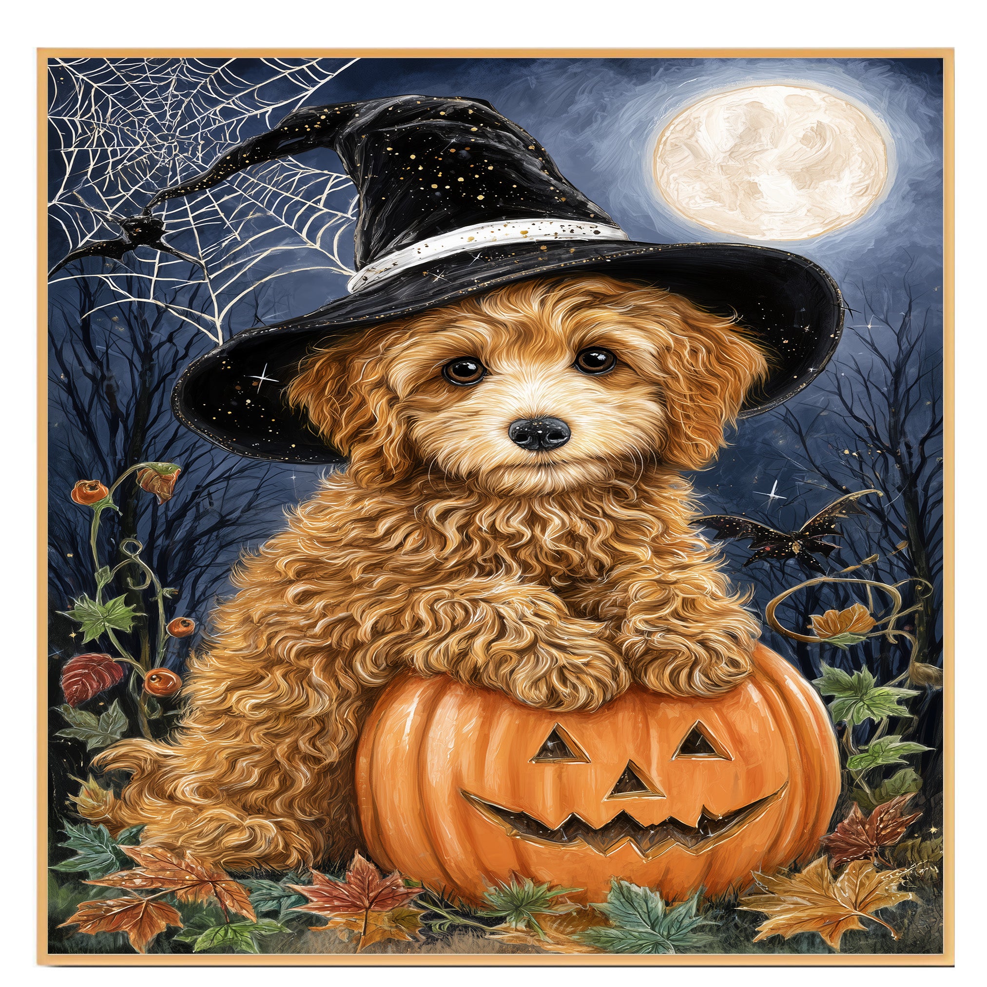 Poodle Dog Autumn Forest Wall Art for Dog Parents Home Decorations for Witch Halloween Pet Lover Décor on Ready to Hang 1.5" Thick Canvas Wrap, Floating Framed Canvas, Flat Rolled Canvas