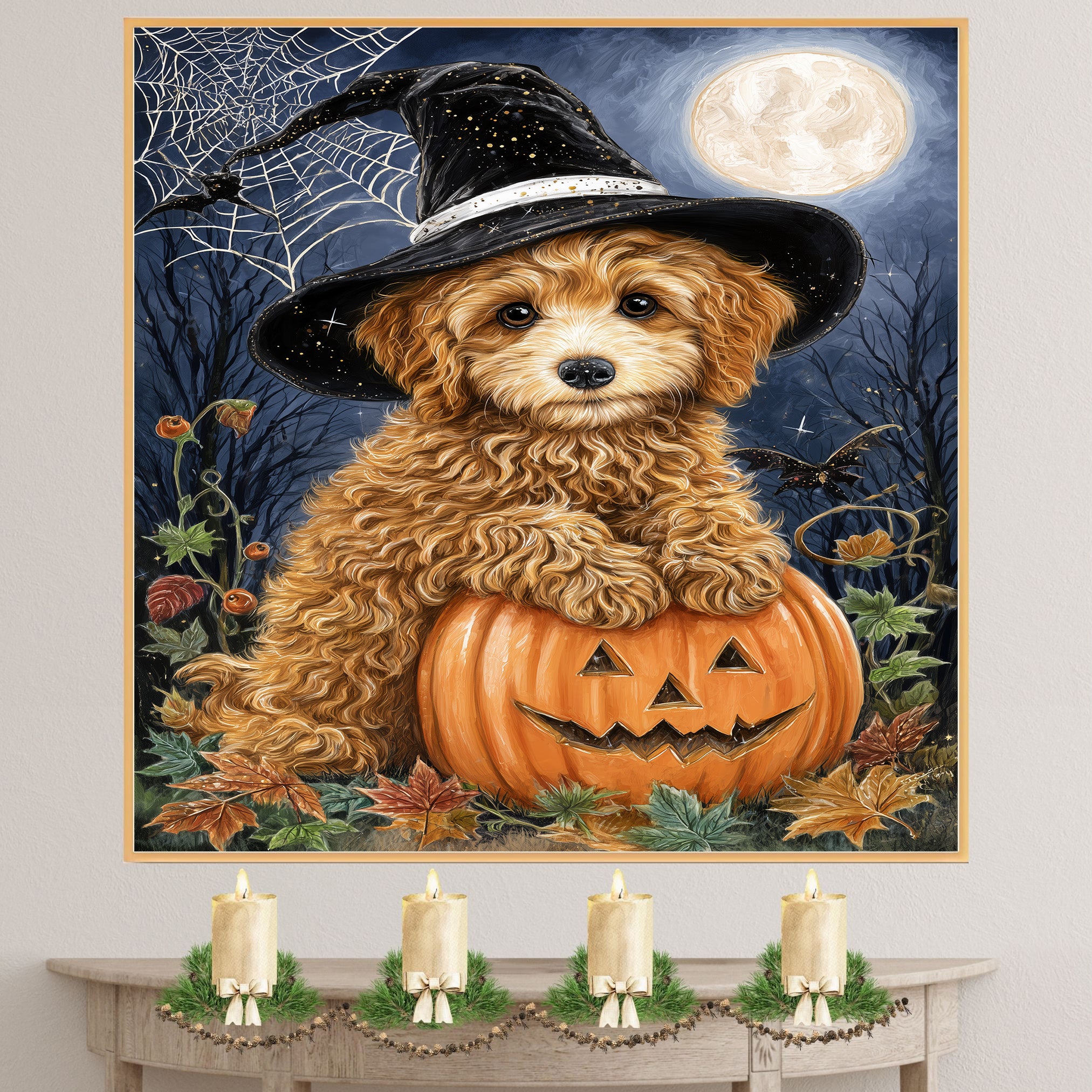 Poodle Dog Autumn Forest Wall Art for Dog Parents Home Decorations for Witch Halloween Pet Lover Décor on Ready to Hang 1.5" Thick Canvas Wrap, Floating Framed Canvas, Flat Rolled Canvas