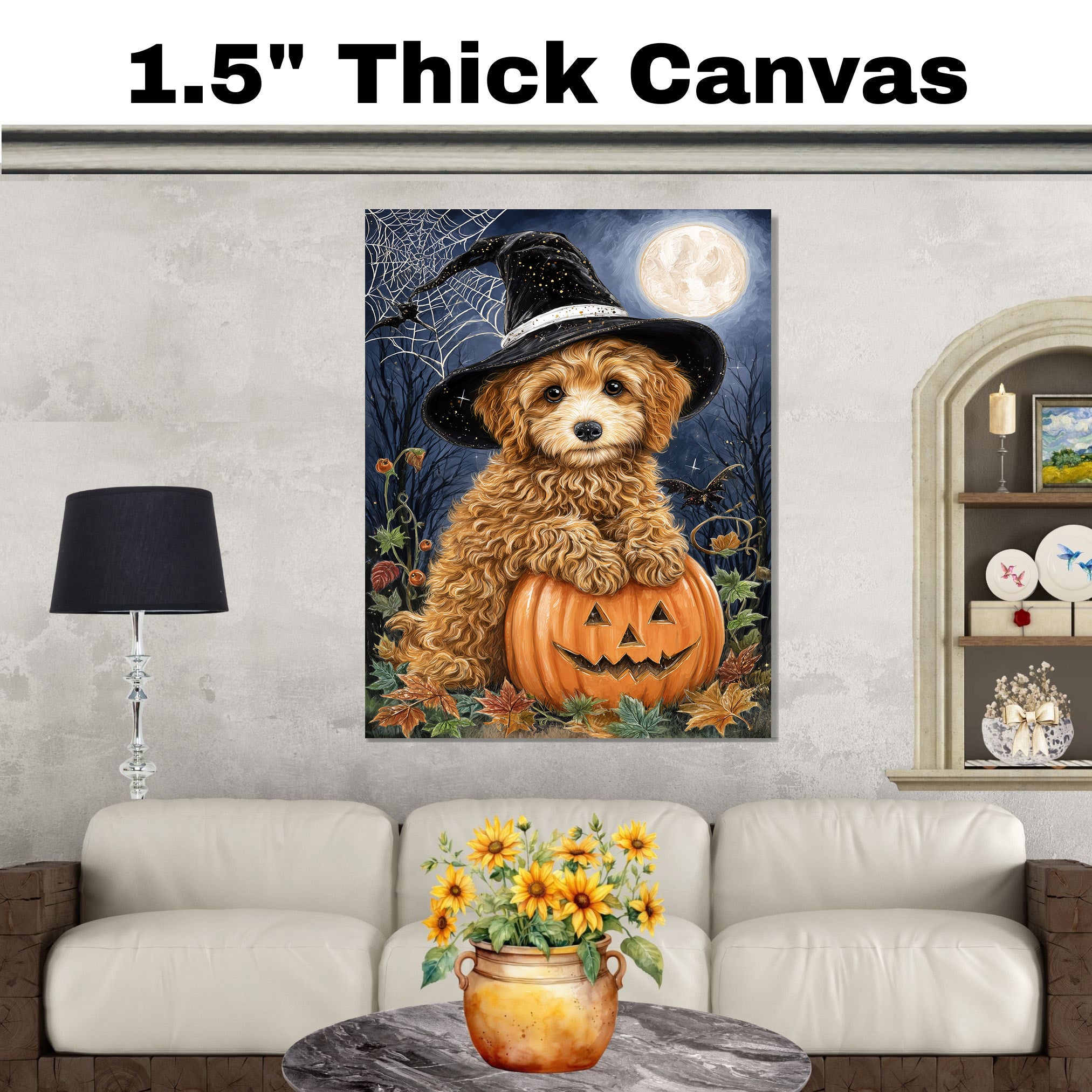 Poodle Dog Autumn Forest Wall Art for Dog Parents Home Decorations for Witch Halloween Pet Lover Décor on Ready to Hang 1.5" Thick Canvas Wrap, Floating Framed Canvas, Flat Rolled Canvas