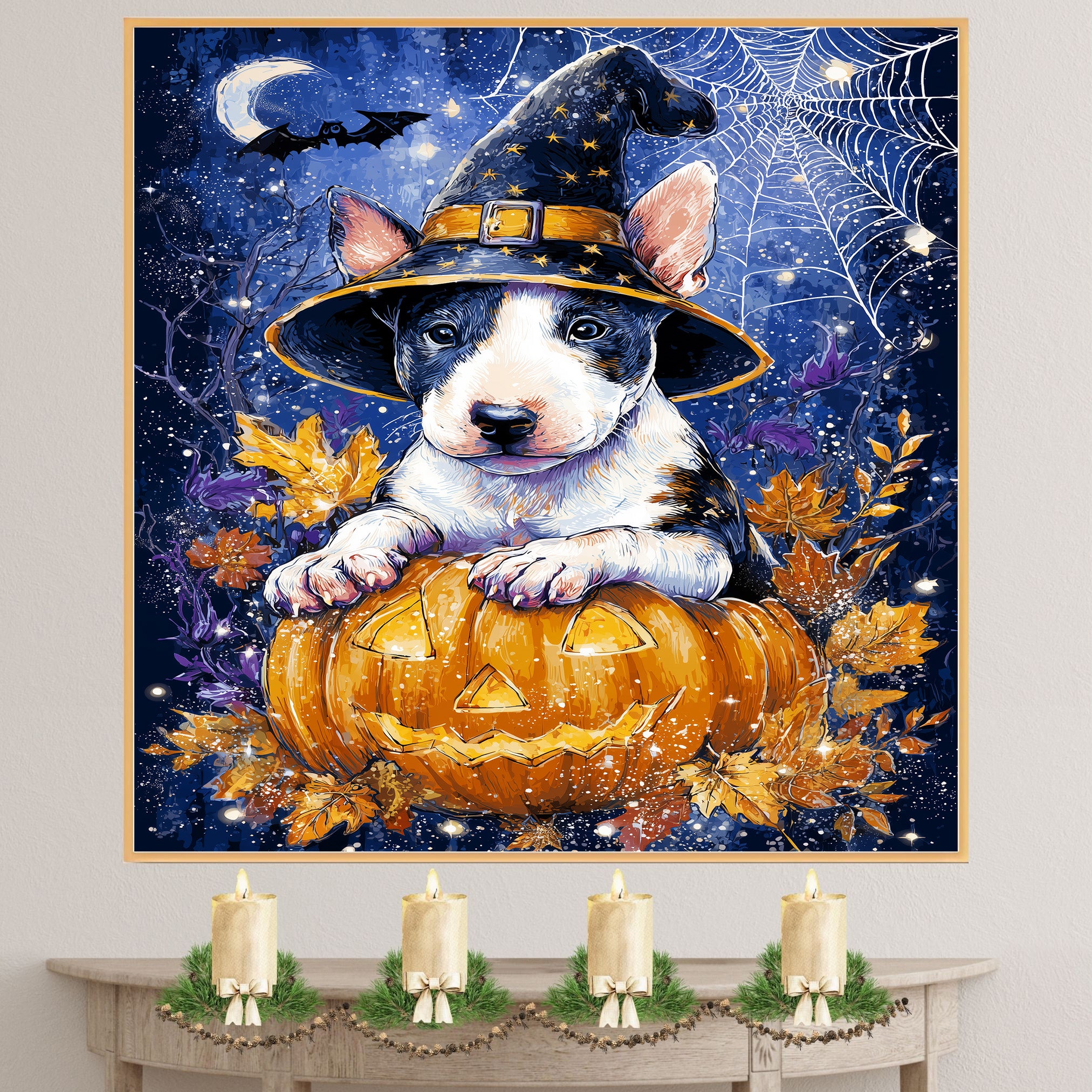 Bull Terrier Fall Harvest Dog Pumpkin Canvas Spooky Wall Art with Spider Web Pet Friendly Thanksgiving Décor on Ready to Hang 1.5" Thick Canvas Wrap, Floating Framed Canvas, Flat Rolled Canvas