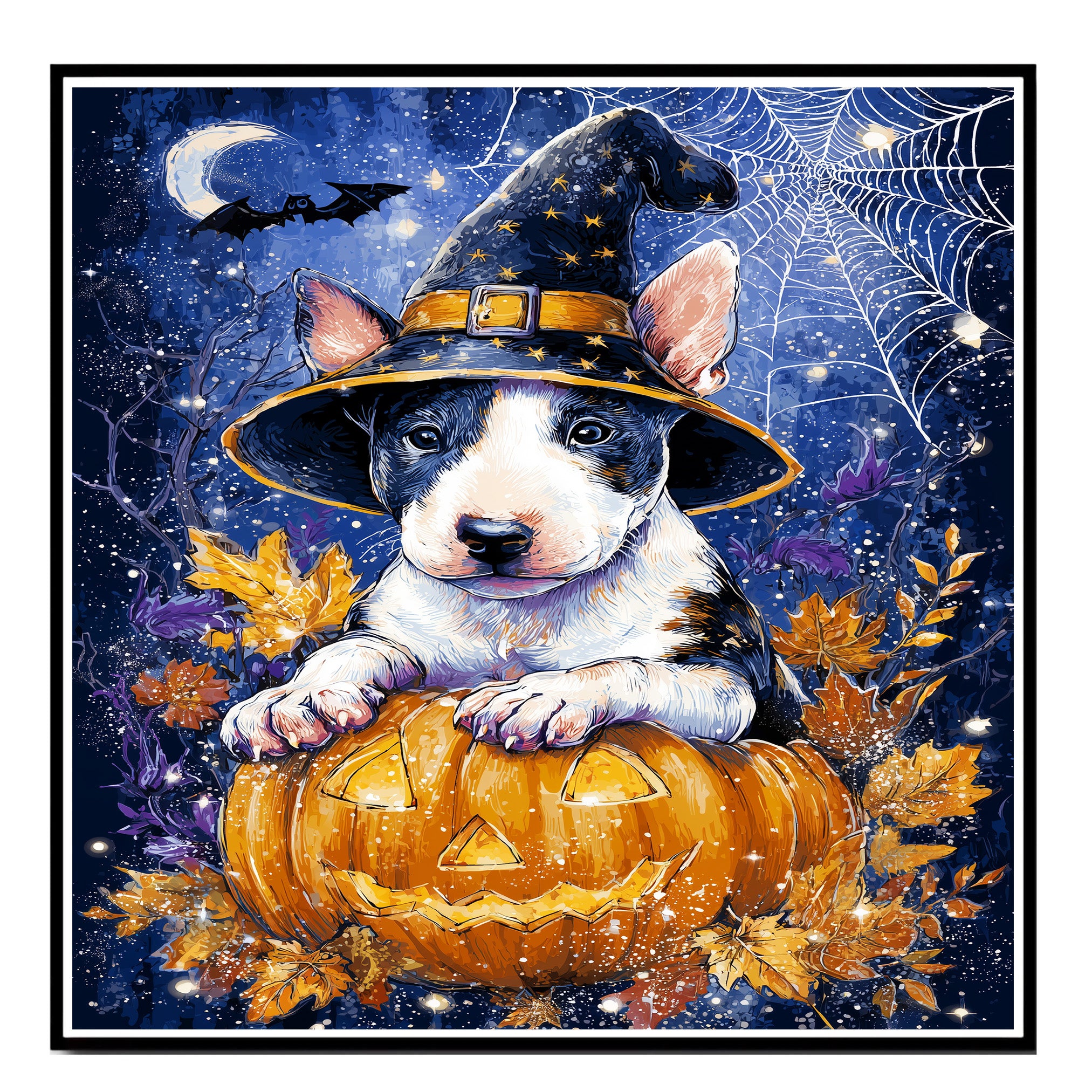 Bull Terrier Fall Harvest Dog Pumpkin Canvas Spooky Wall Art with Spider Web Pet Friendly Thanksgiving Décor on Ready to Hang 1.5" Thick Canvas Wrap, Floating Framed Canvas, Flat Rolled Canvas