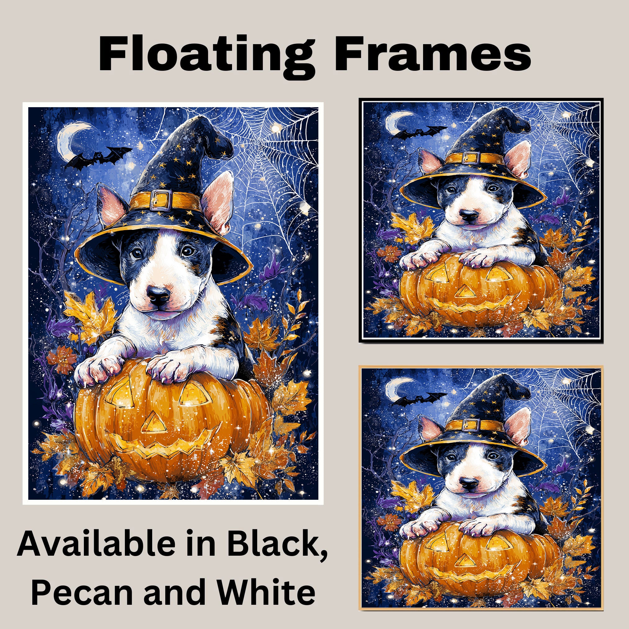 Bull Terrier Fall Harvest Dog Pumpkin Canvas Spooky Wall Art with Spider Web Pet Friendly Thanksgiving Décor on Ready to Hang 1.5" Thick Canvas Wrap, Floating Framed Canvas, Flat Rolled Canvas