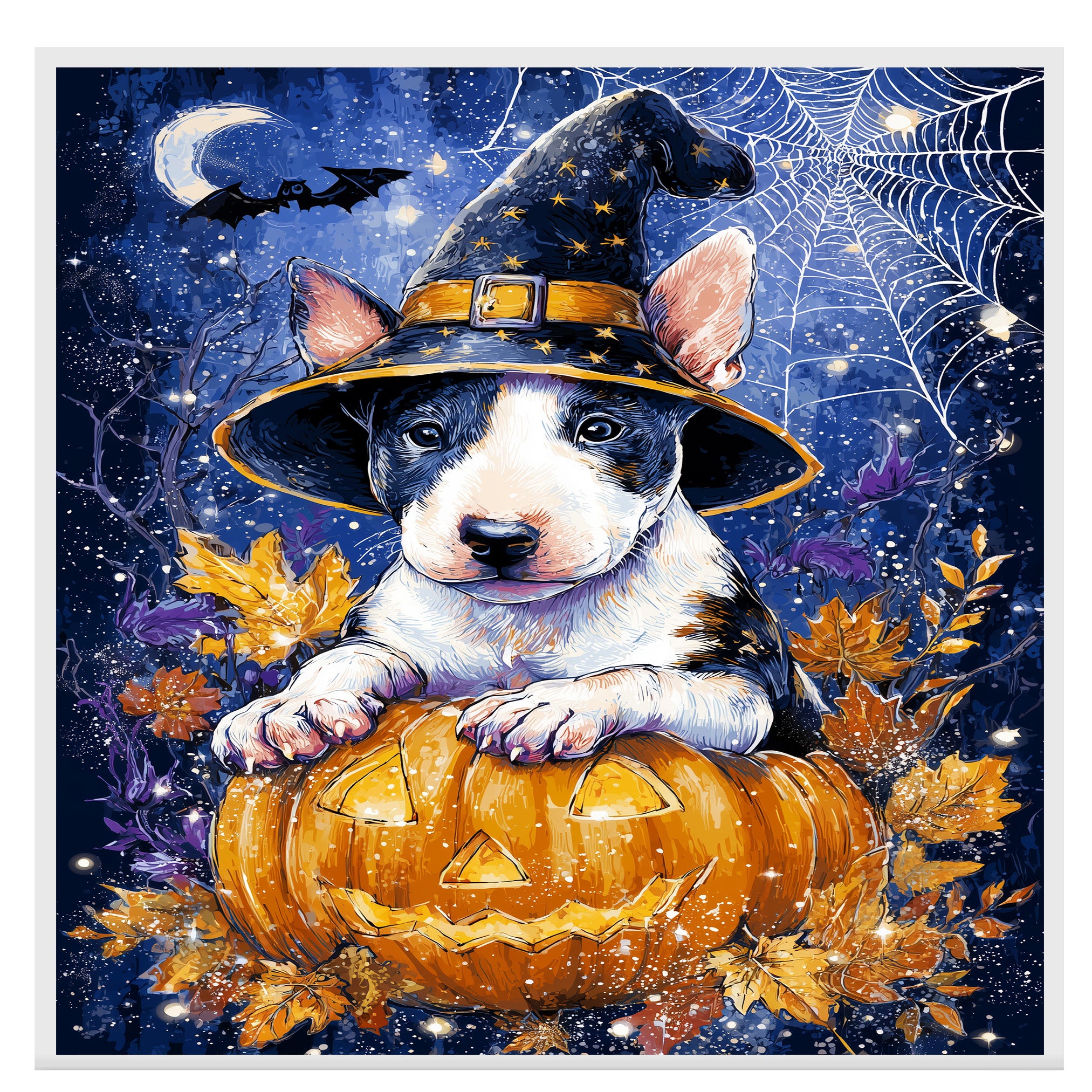 Bull Terrier Fall Harvest Dog Pumpkin Canvas Spooky Wall Art with Spider Web Pet Friendly Thanksgiving Décor on Ready to Hang 1.5" Thick Canvas Wrap, Floating Framed Canvas, Flat Rolled Canvas