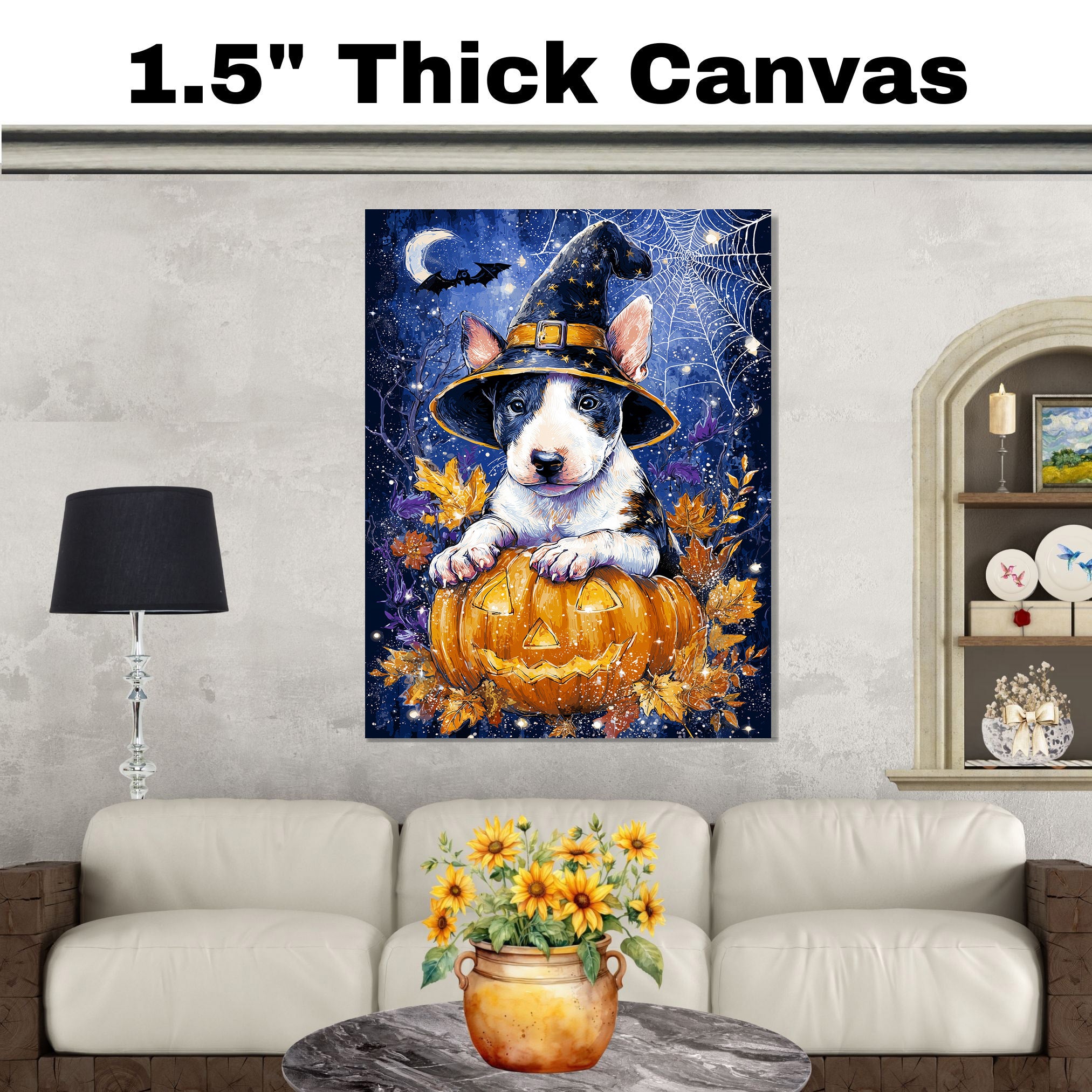 Bull Terrier Fall Harvest Dog Pumpkin Canvas Spooky Wall Art with Spider Web Pet Friendly Thanksgiving Décor on Ready to Hang 1.5" Thick Canvas Wrap, Floating Framed Canvas, Flat Rolled Canvas