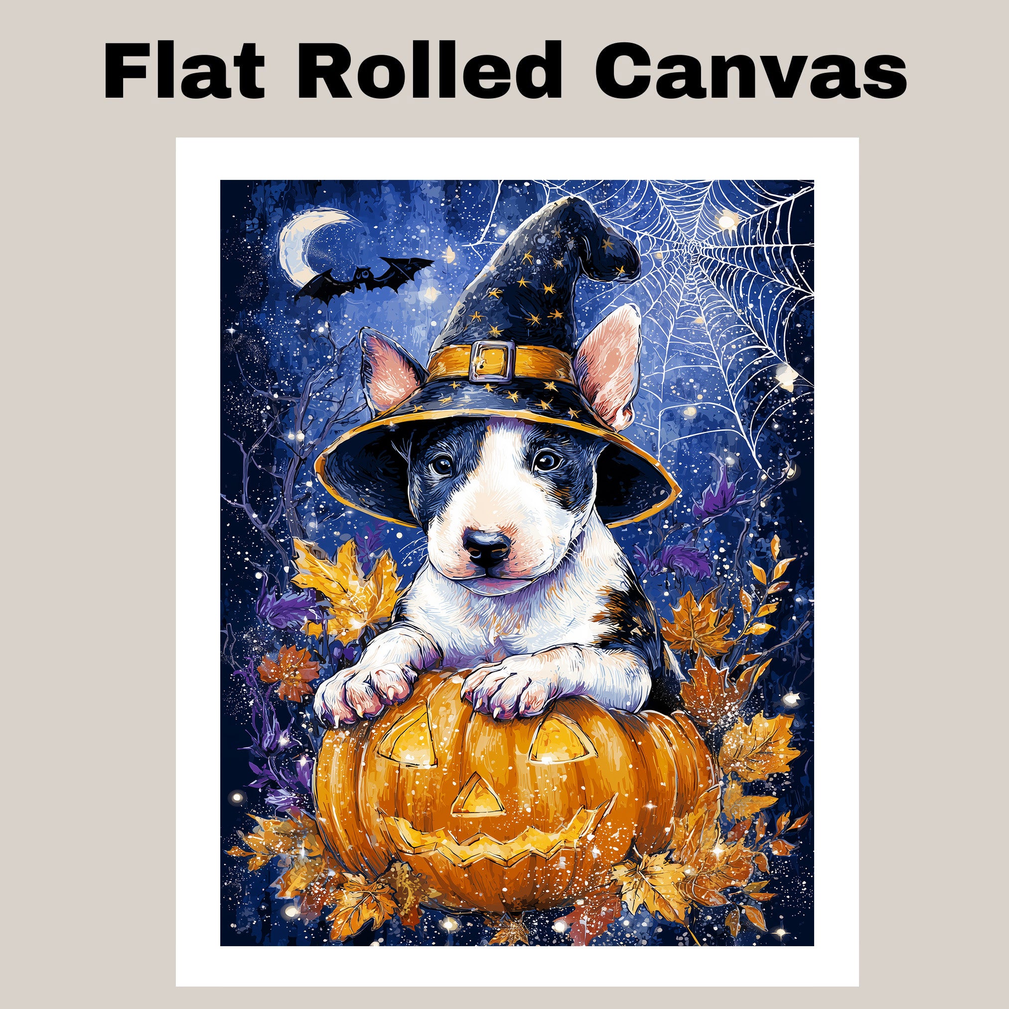 Bull Terrier Fall Harvest Dog Pumpkin Canvas Spooky Wall Art with Spider Web Pet Friendly Thanksgiving Décor on Ready to Hang 1.5" Thick Canvas Wrap, Floating Framed Canvas, Flat Rolled Canvas