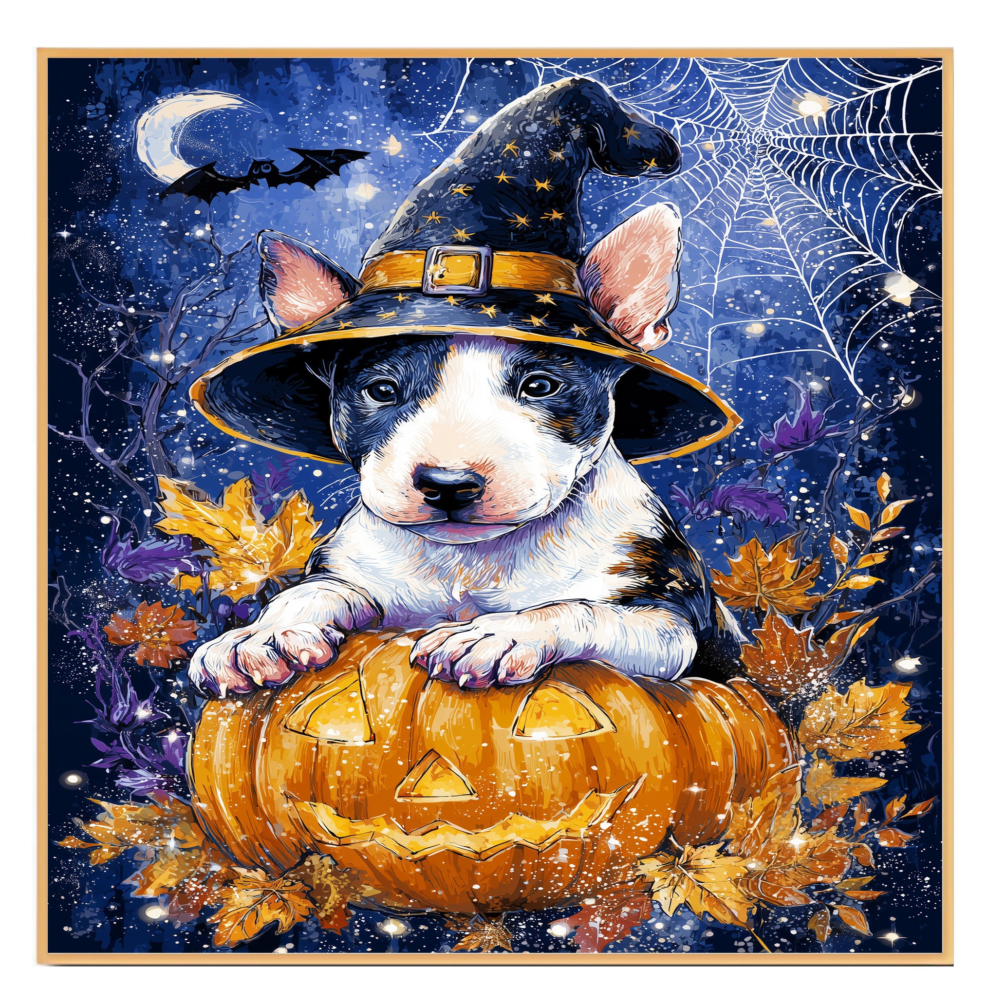 Bull Terrier Fall Harvest Dog Pumpkin Canvas Spooky Wall Art with Spider Web Pet Friendly Thanksgiving Décor on Ready to Hang 1.5" Thick Canvas Wrap, Floating Framed Canvas, Flat Rolled Canvas