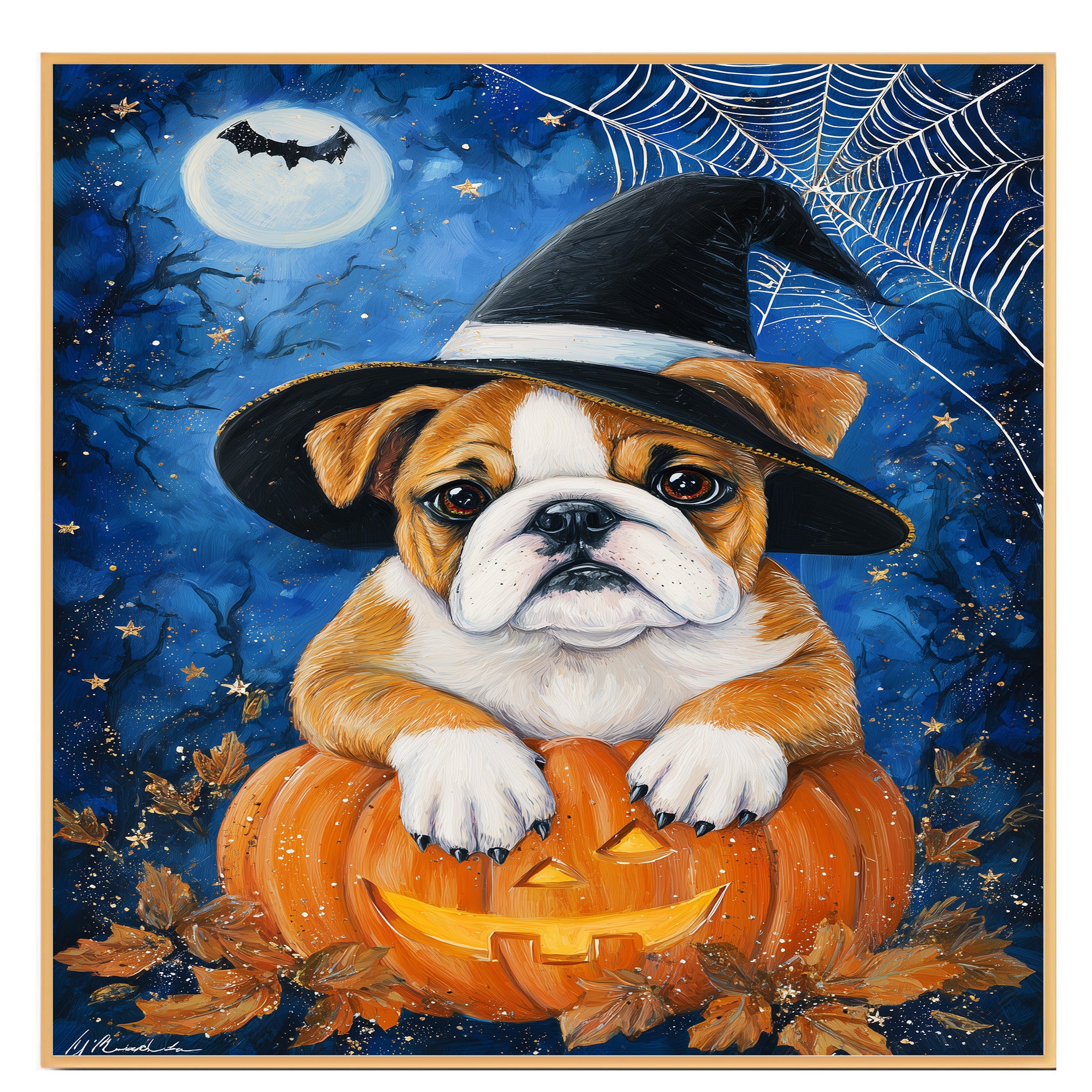 Halloween Bulldog Pumpkin Canvas with Spider Web Fall Wall Art for Seasonal Pet Lover Decoration for Kitchen on Ready to Hang 1.5" Thick Canvas Wrap, Floating Framed Canvas, Flat Rolled Canvas