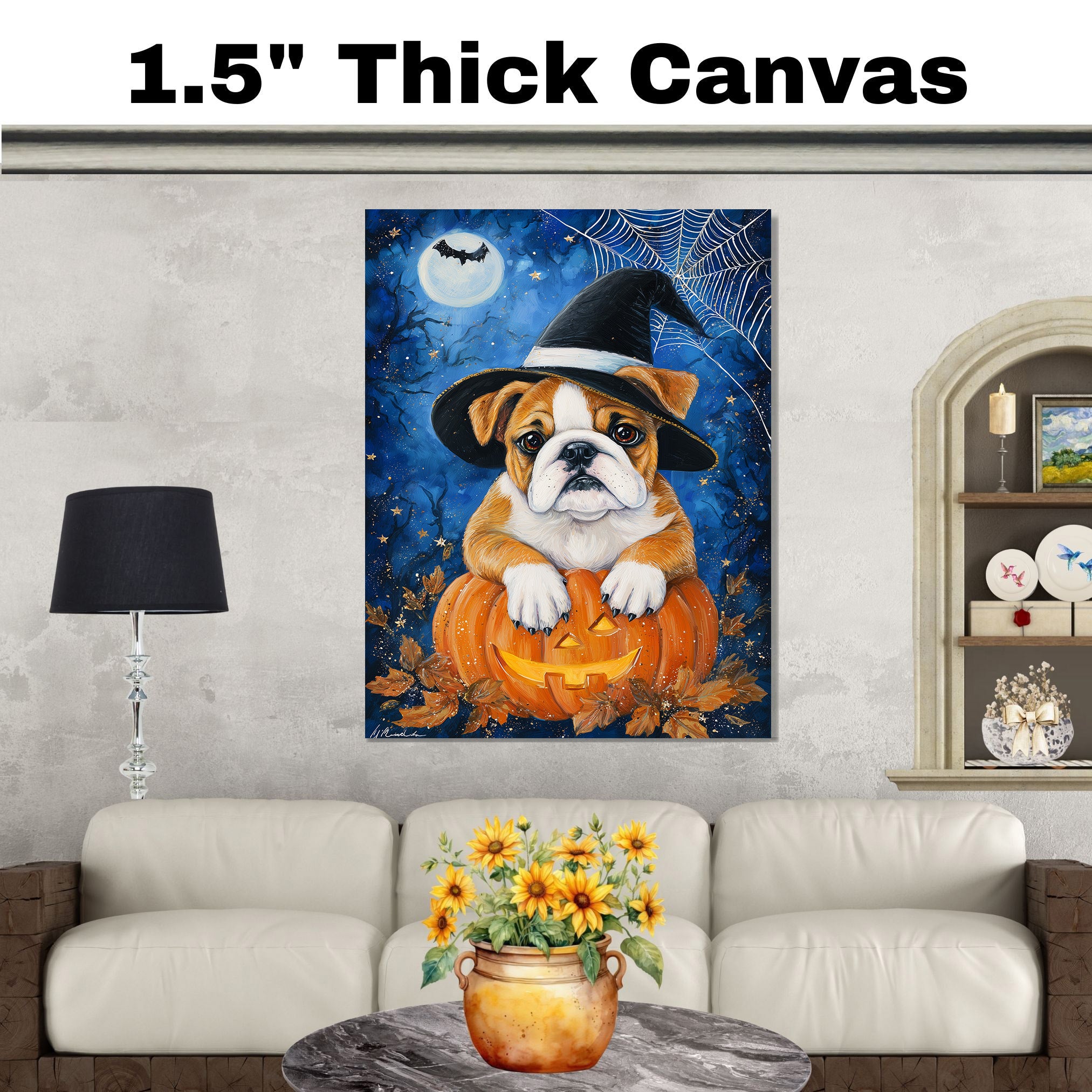 Halloween Bulldog Pumpkin Canvas with Spider Web Fall Wall Art for Seasonal Pet Lover Decoration for Kitchen on Ready to Hang 1.5" Thick Canvas Wrap, Floating Framed Canvas, Flat Rolled Canvas