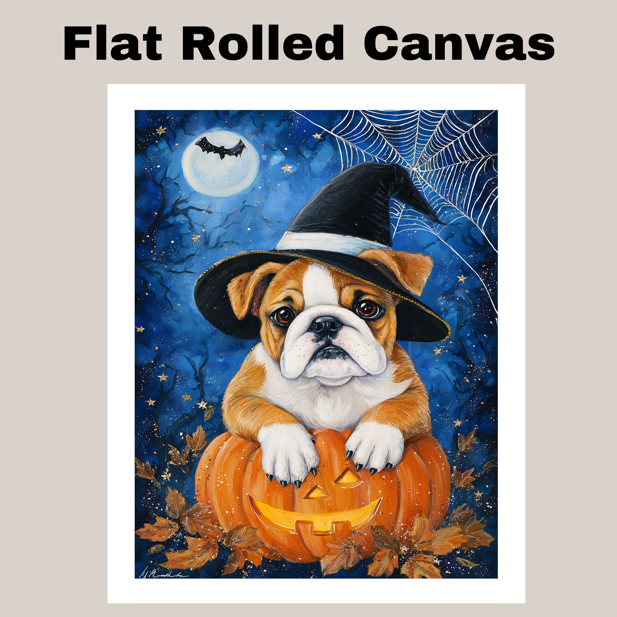 Halloween Bulldog Pumpkin Canvas with Spider Web Fall Wall Art for Seasonal Pet Lover Decoration for Kitchen on Ready to Hang 1.5" Thick Canvas Wrap, Floating Framed Canvas, Flat Rolled Canvas