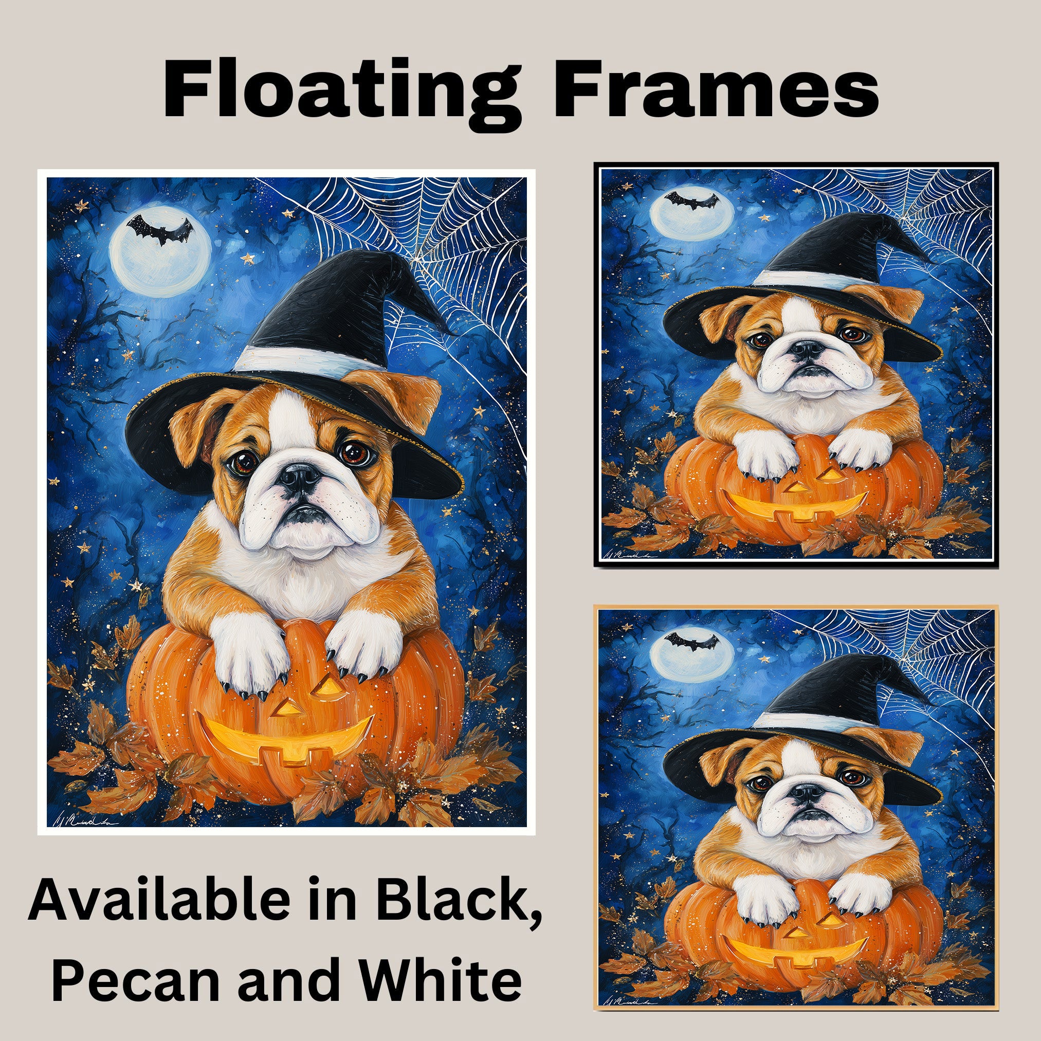 Halloween Bulldog Pumpkin Canvas with Spider Web Fall Wall Art for Seasonal Pet Lover Decoration for Kitchen on Ready to Hang 1.5" Thick Canvas Wrap, Floating Framed Canvas, Flat Rolled Canvas