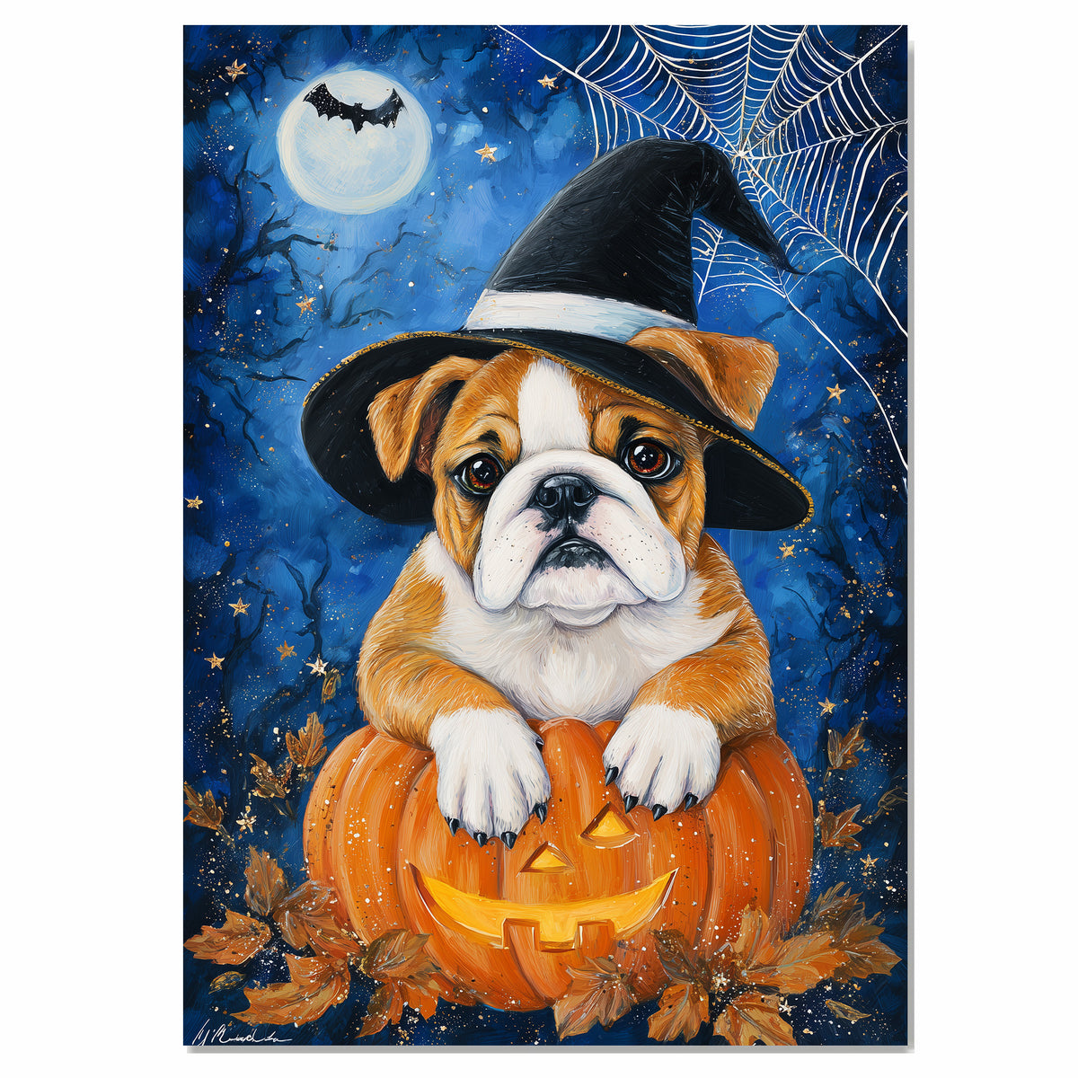 Halloween Bulldog Pumpkin Canvas with Spider Web Fall Wall Art for Seasonal Pet Lover Decoration for Kitchen on Ready to Hang 1.5" Thick Canvas Wrap, Floating Framed Canvas, Flat Rolled Canvas