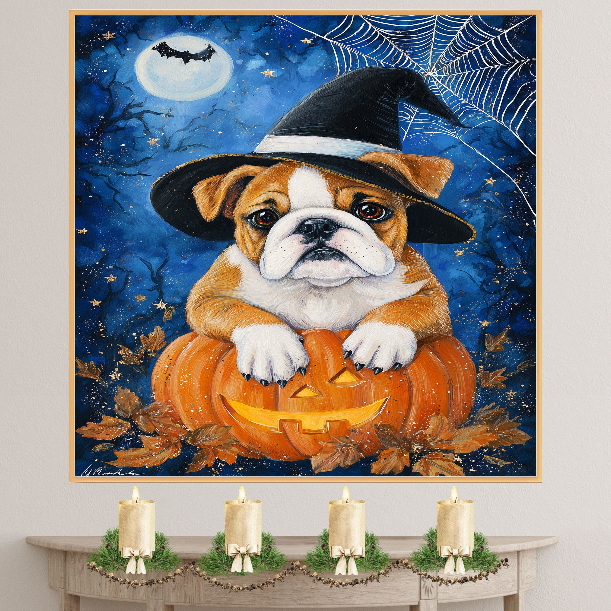 Halloween Bulldog Pumpkin Canvas with Spider Web Fall Wall Art for Seasonal Pet Lover Decoration for Kitchen on Ready to Hang 1.5" Thick Canvas Wrap, Floating Framed Canvas, Flat Rolled Canvas