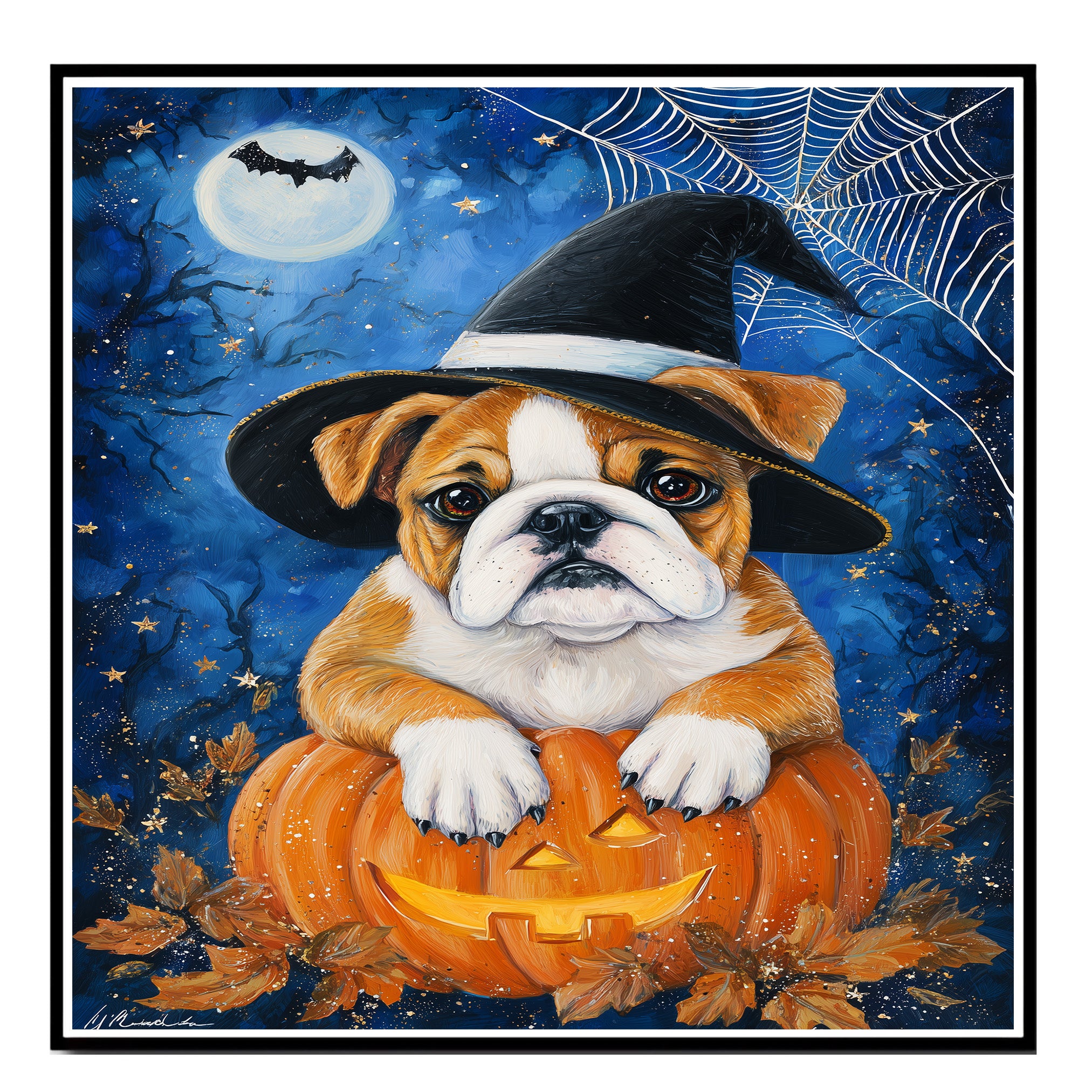 Halloween Bulldog Pumpkin Canvas with Spider Web Fall Wall Art for Seasonal Pet Lover Decoration for Kitchen on Ready to Hang 1.5" Thick Canvas Wrap, Floating Framed Canvas, Flat Rolled Canvas