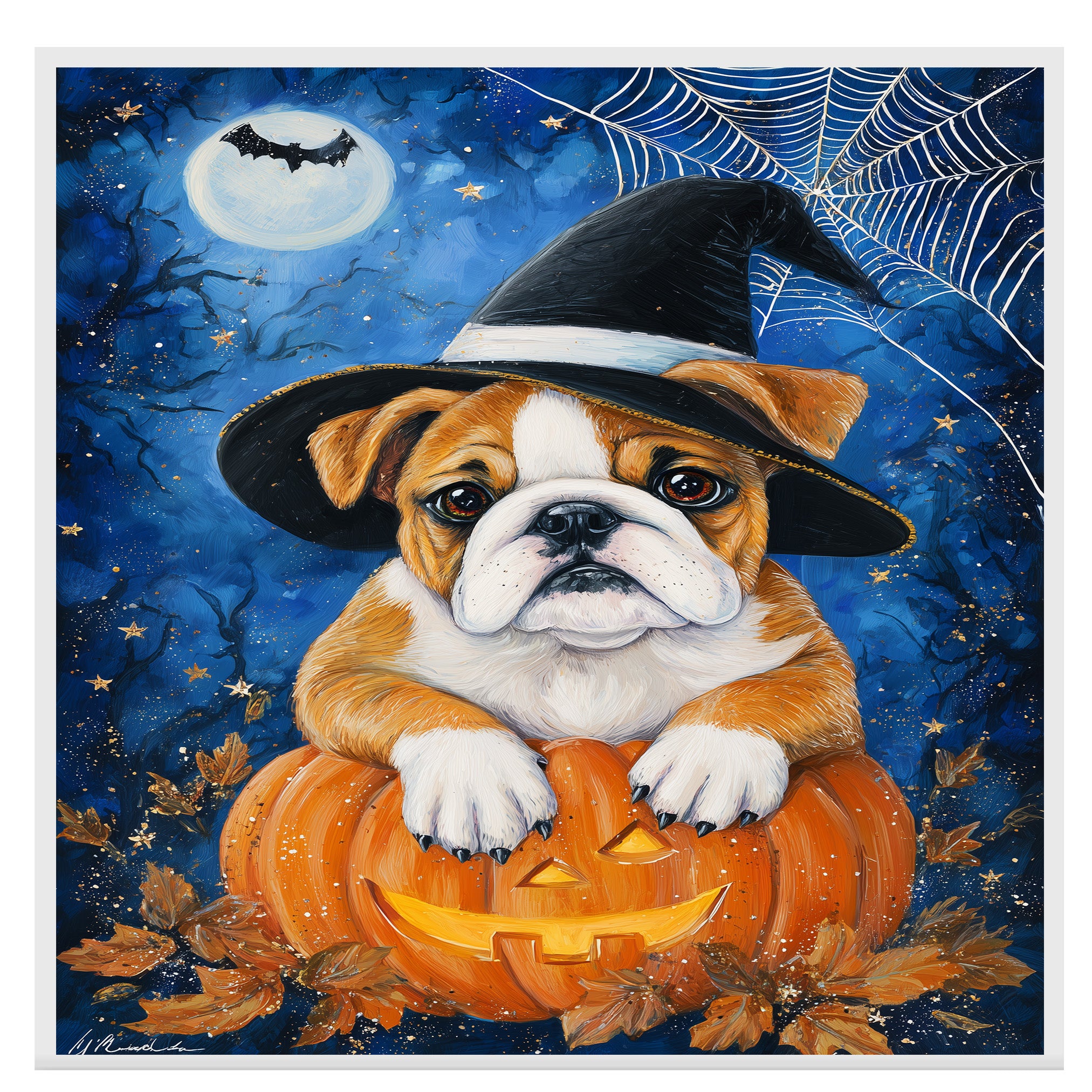 Halloween Bulldog Pumpkin Canvas with Spider Web Fall Wall Art for Seasonal Pet Lover Decoration for Kitchen on Ready to Hang 1.5" Thick Canvas Wrap, Floating Framed Canvas, Flat Rolled Canvas