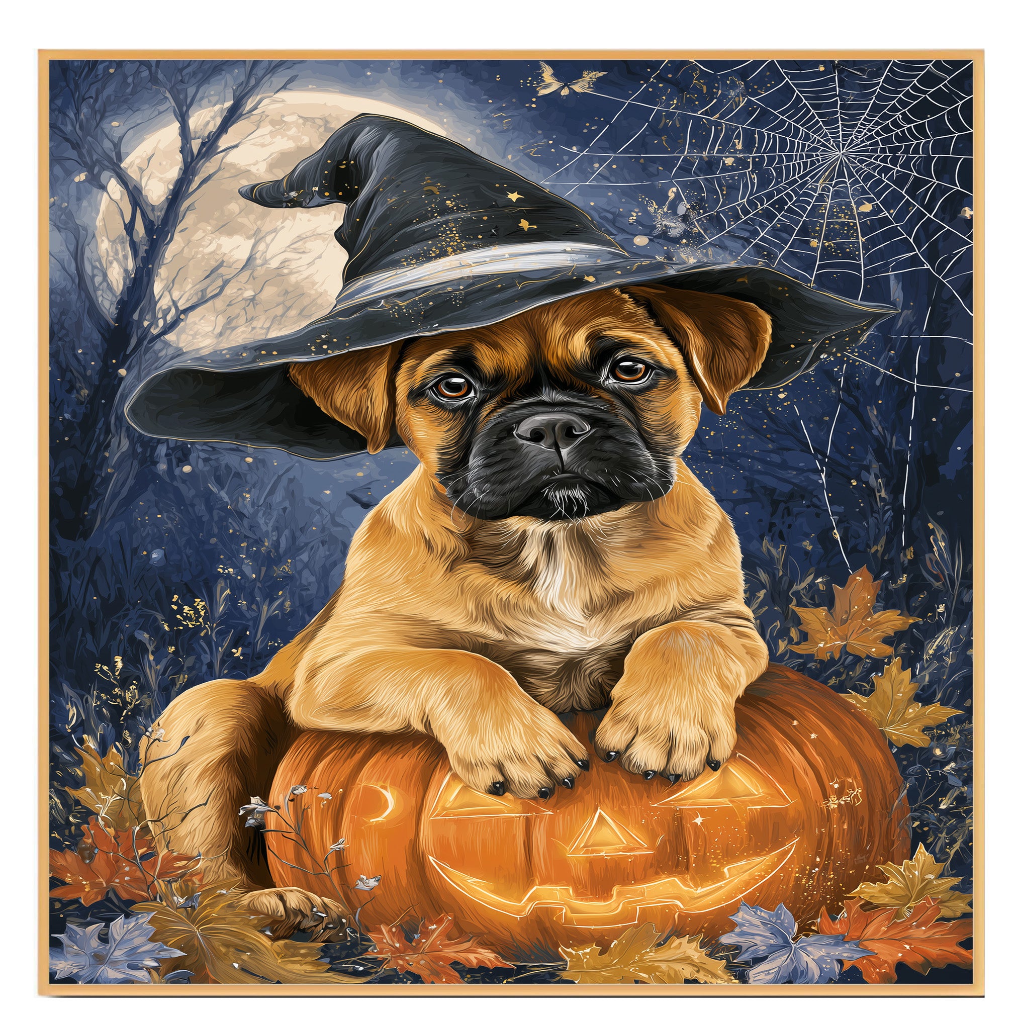 Bullmastiff Thanksgiving Dog Pumpkin Canvas Art with Cobweb Pet Themed Decoration for Farmhouse Holiday Party on Ready to Hang 1.5" Thick Canvas Wrap, Floating Framed Canvas, Flat Rolled Canvas