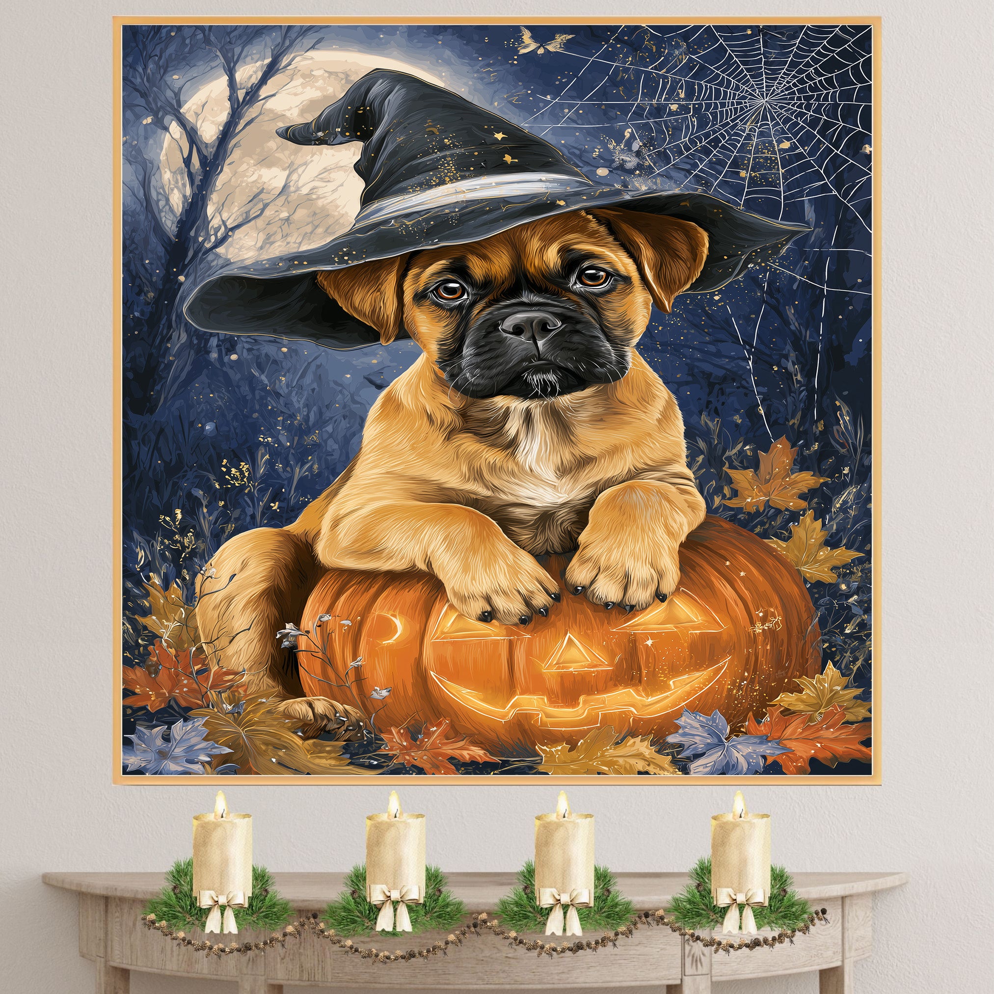 Bullmastiff Thanksgiving Dog Pumpkin Canvas Art with Cobweb Pet Themed Decoration for Farmhouse Holiday Party on Ready to Hang 1.5" Thick Canvas Wrap, Floating Framed Canvas, Flat Rolled Canvas
