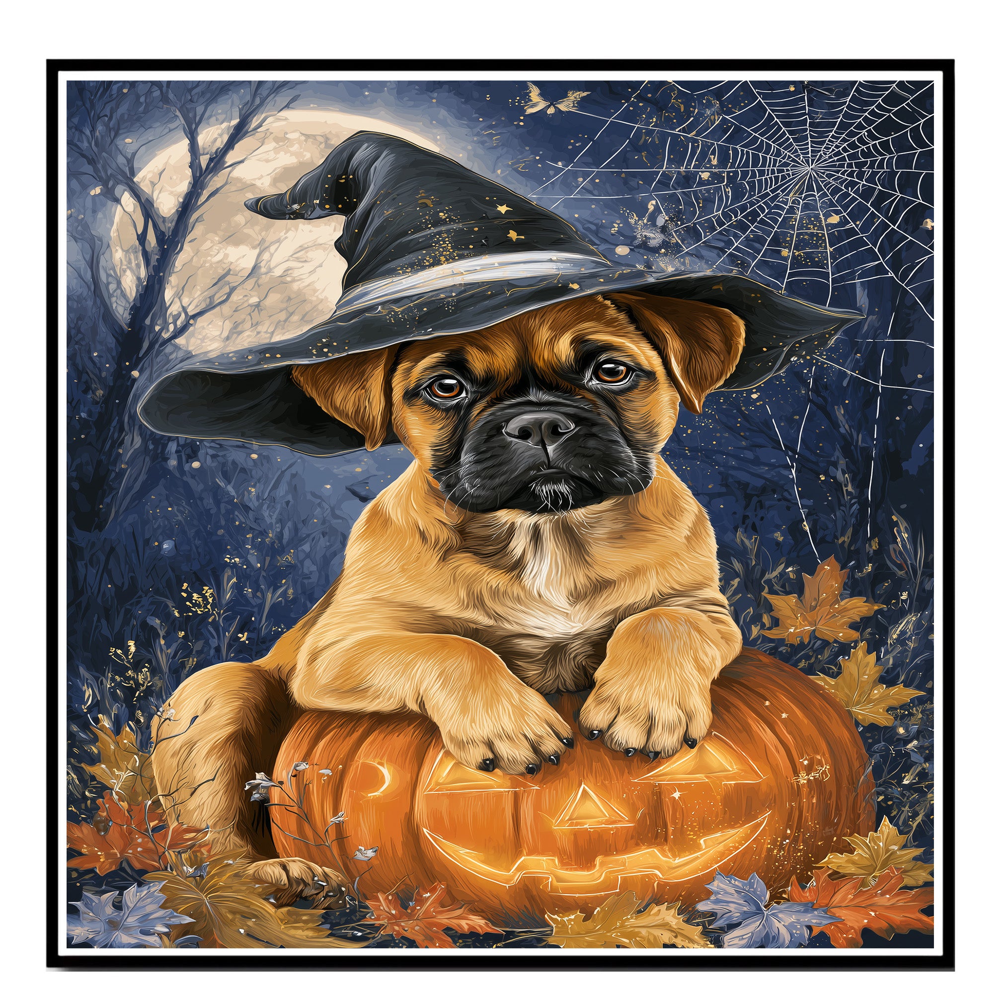 Bullmastiff Thanksgiving Dog Pumpkin Canvas Art with Cobweb Pet Themed Decoration for Farmhouse Holiday Party on Ready to Hang 1.5" Thick Canvas Wrap, Floating Framed Canvas, Flat Rolled Canvas