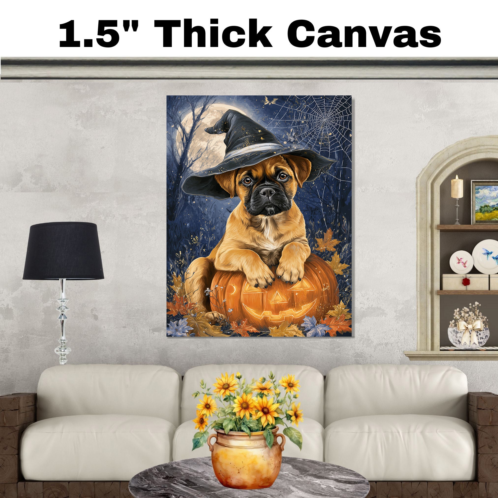Bullmastiff Thanksgiving Dog Pumpkin Canvas Art with Cobweb Pet Themed Decoration for Farmhouse Holiday Party on Ready to Hang 1.5" Thick Canvas Wrap, Floating Framed Canvas, Flat Rolled Canvas