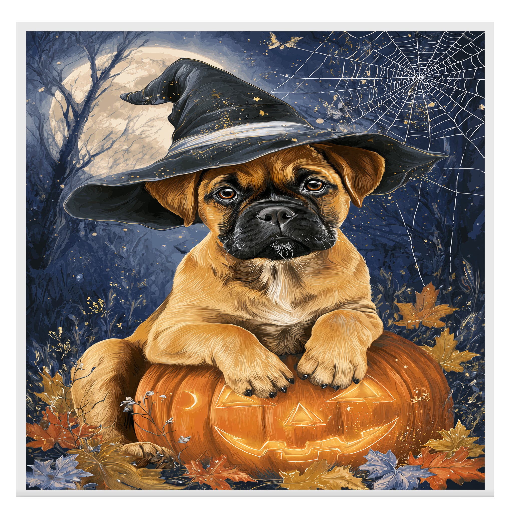 Bullmastiff Thanksgiving Dog Pumpkin Canvas Art with Cobweb Pet Themed Decoration for Farmhouse Holiday Party on Ready to Hang 1.5" Thick Canvas Wrap, Floating Framed Canvas, Flat Rolled Canvas