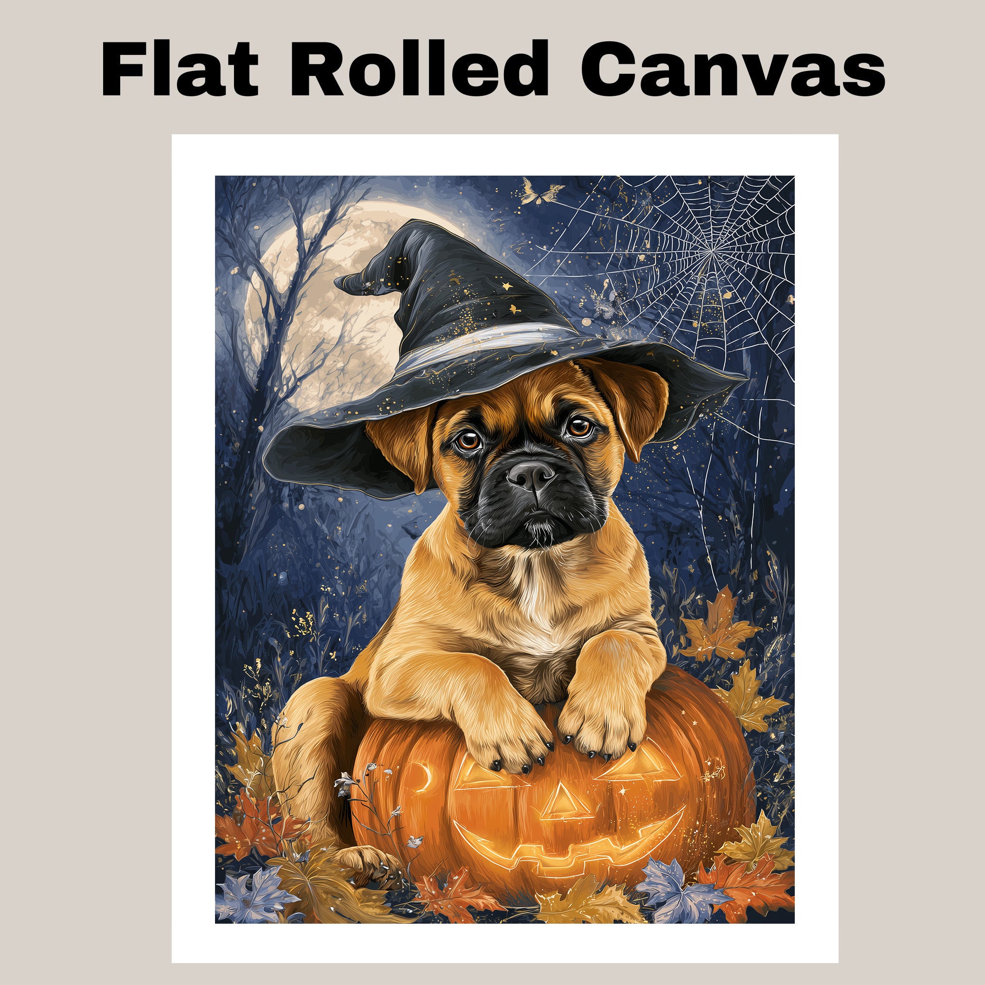 Bullmastiff Thanksgiving Dog Pumpkin Canvas Art with Cobweb Pet Themed Decoration for Farmhouse Holiday Party on Ready to Hang 1.5" Thick Canvas Wrap, Floating Framed Canvas, Flat Rolled Canvas