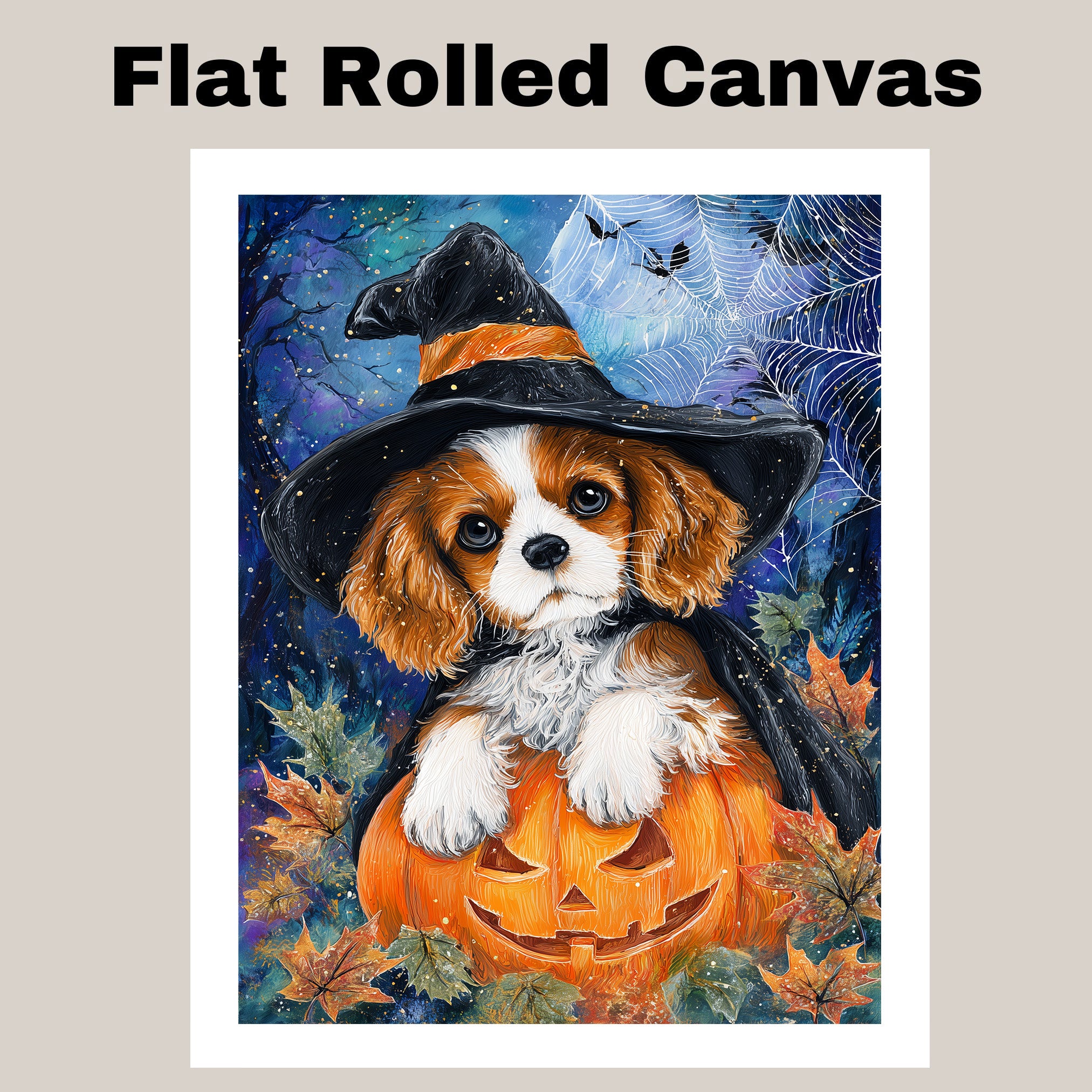Cavalier King Charles Spaniel Halloween Canvas Autumn Maple Leaf Decor for Fall Party Decorations  on Ready to Hang 1.5" Thick Canvas Wrap, Floating Framed Canvas, Flat Rolled Canvas