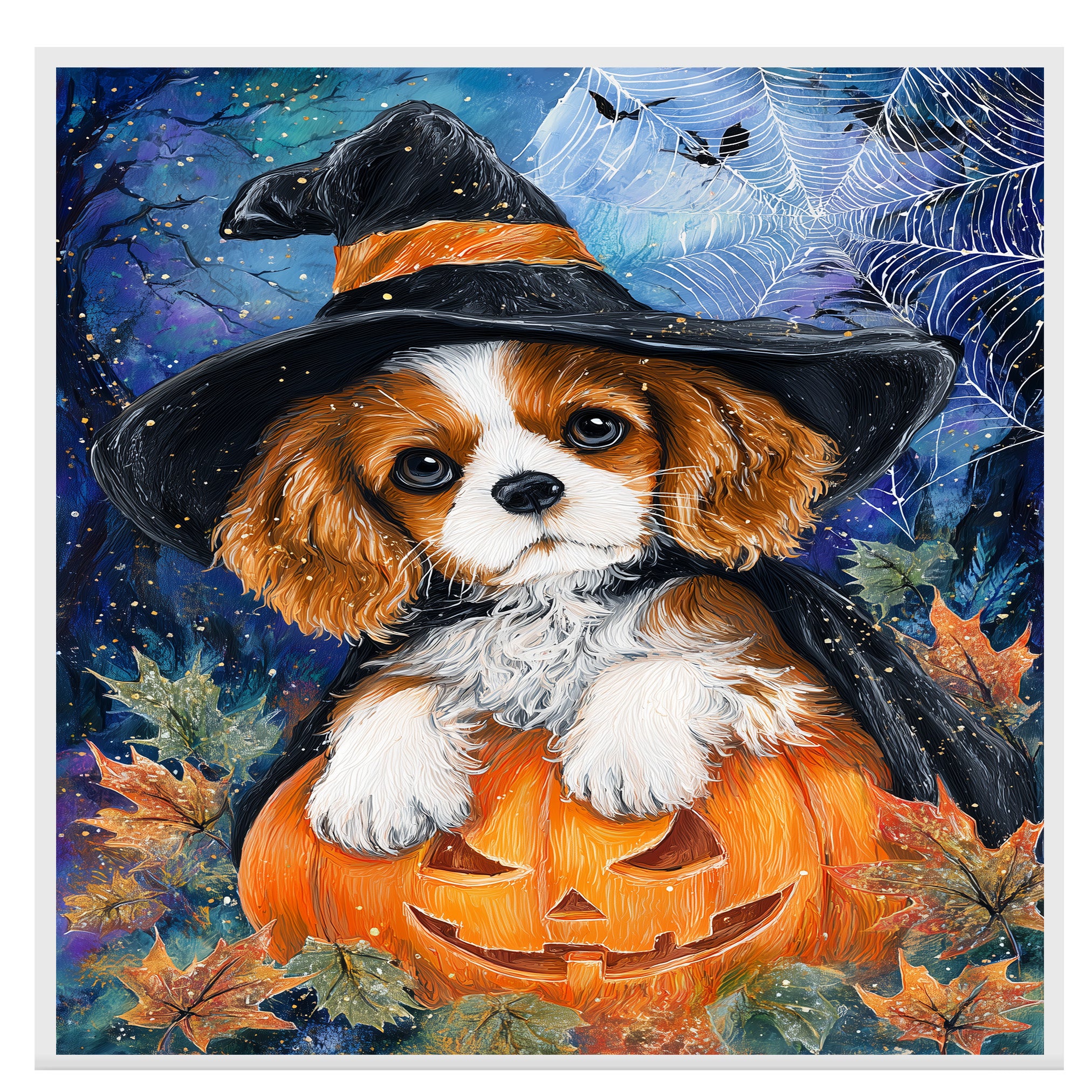 Cavalier King Charles Spaniel Halloween Canvas Autumn Maple Leaf Decor for Fall Party Decorations  on Ready to Hang 1.5" Thick Canvas Wrap, Floating Framed Canvas, Flat Rolled Canvas