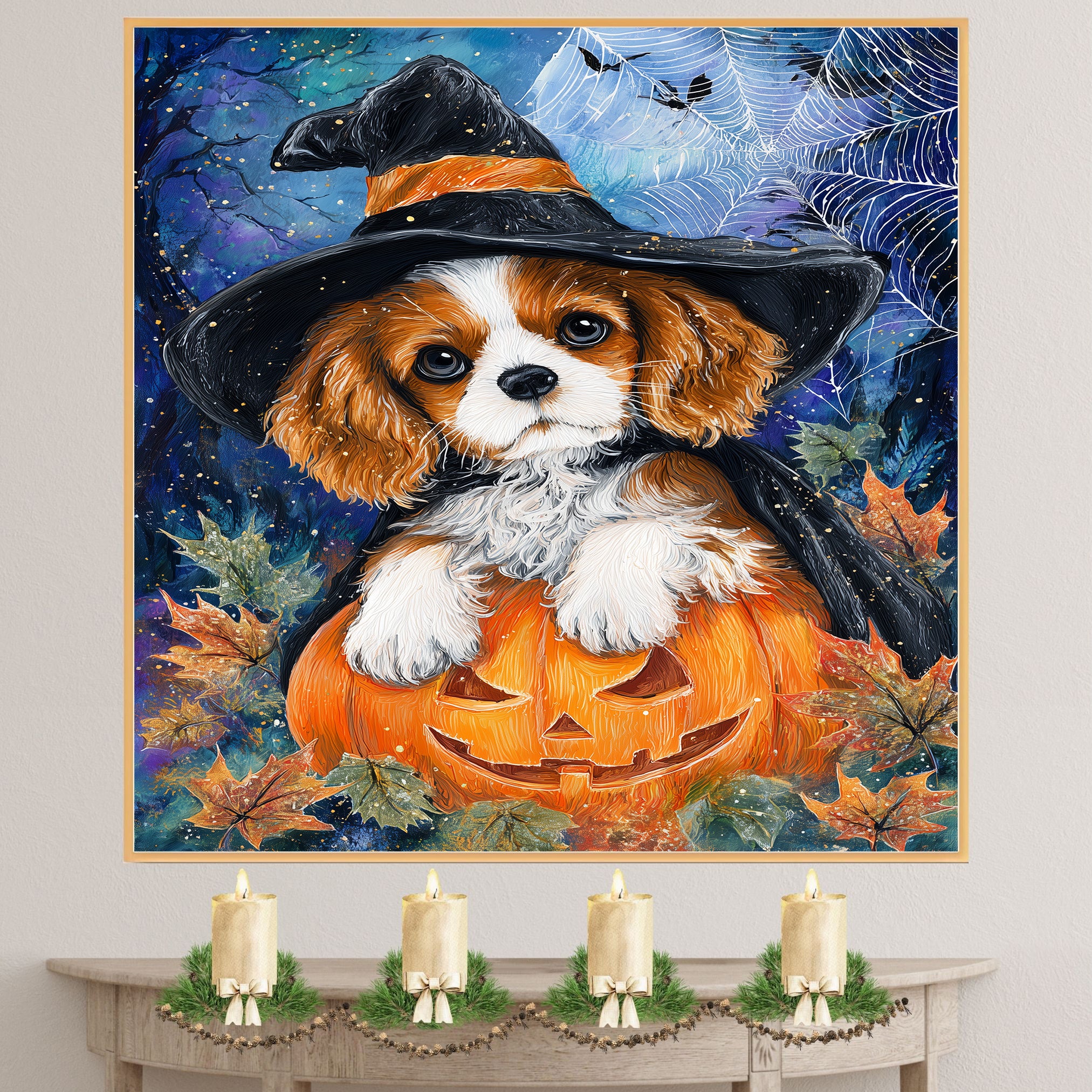 Cavalier King Charles Spaniel Halloween Canvas Autumn Maple Leaf Decor for Fall Party Decorations  on Ready to Hang 1.5" Thick Canvas Wrap, Floating Framed Canvas, Flat Rolled Canvas