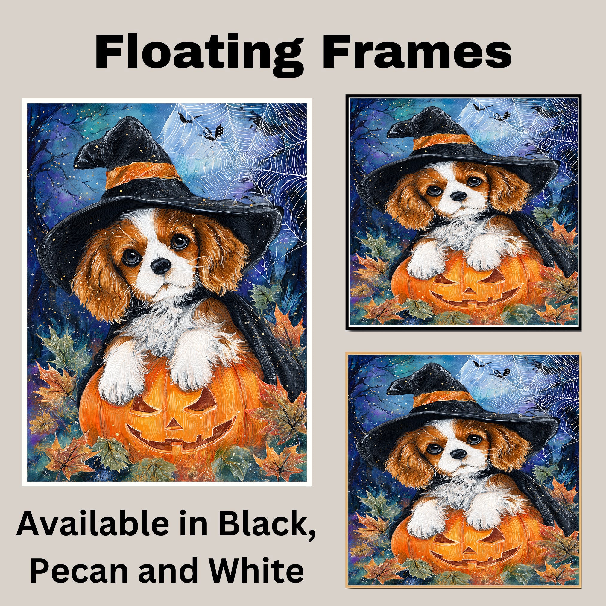 Cavalier King Charles Spaniel Halloween Canvas Autumn Maple Leaf Decor for Fall Party Decorations  on Ready to Hang 1.5" Thick Canvas Wrap, Floating Framed Canvas, Flat Rolled Canvas