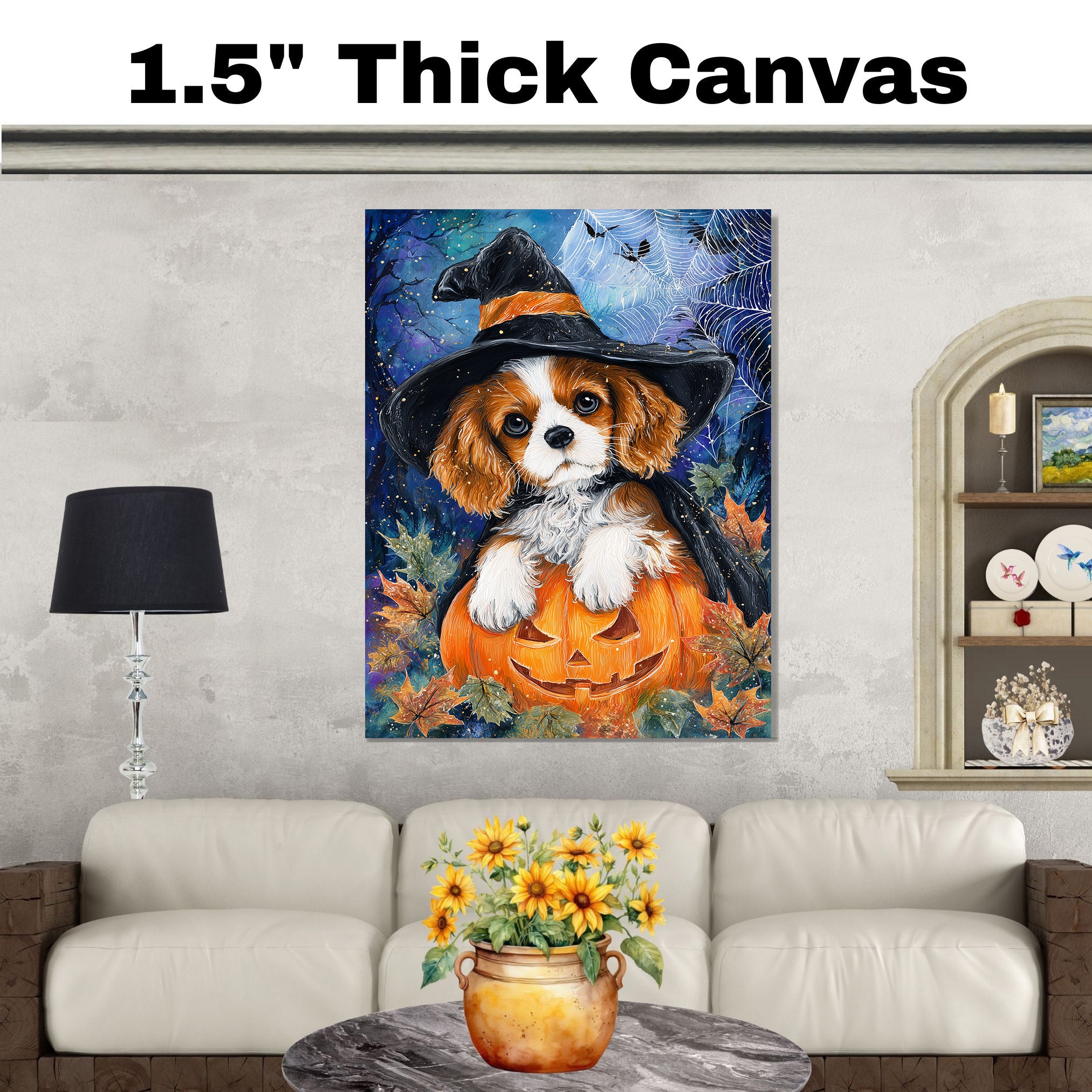 Cavalier King Charles Spaniel Halloween Canvas Autumn Maple Leaf Decor for Fall Party Decorations  on Ready to Hang 1.5" Thick Canvas Wrap, Floating Framed Canvas, Flat Rolled Canvas