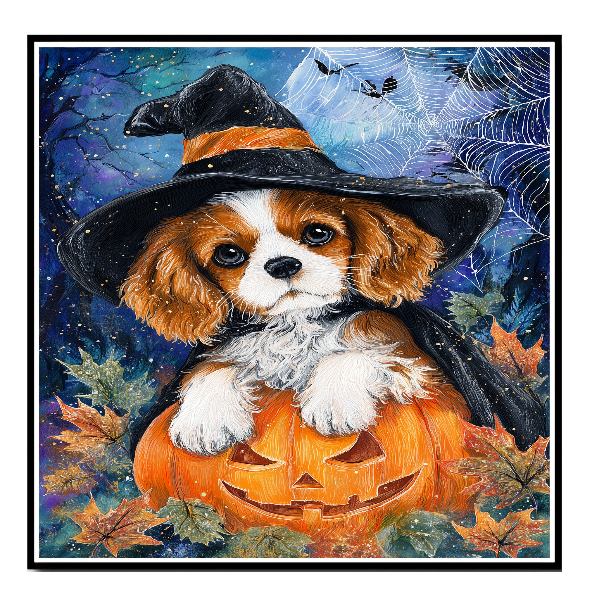 Cavalier King Charles Spaniel Halloween Canvas Autumn Maple Leaf Decor for Fall Party Decorations  on Ready to Hang 1.5" Thick Canvas Wrap, Floating Framed Canvas, Flat Rolled Canvas
