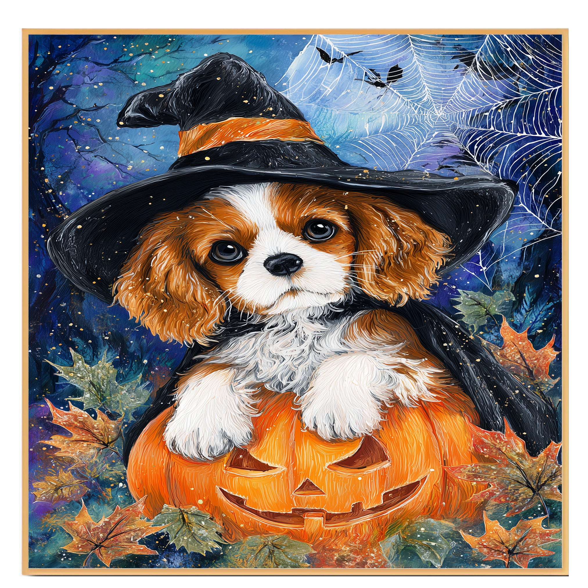 Cavalier King Charles Spaniel Halloween Canvas Autumn Maple Leaf Decor for Fall Party Decorations  on Ready to Hang 1.5" Thick Canvas Wrap, Floating Framed Canvas, Flat Rolled Canvas