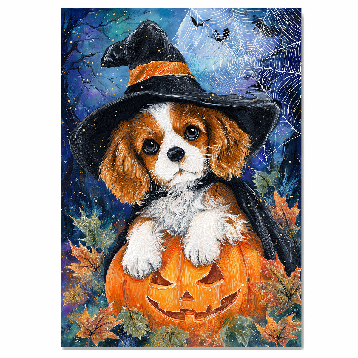 Cavalier King Charles Spaniel Halloween Canvas Autumn Maple Leaf Decor for Fall Party Decorations  on Ready to Hang 1.5" Thick Canvas Wrap, Floating Framed Canvas, Flat Rolled Canvas