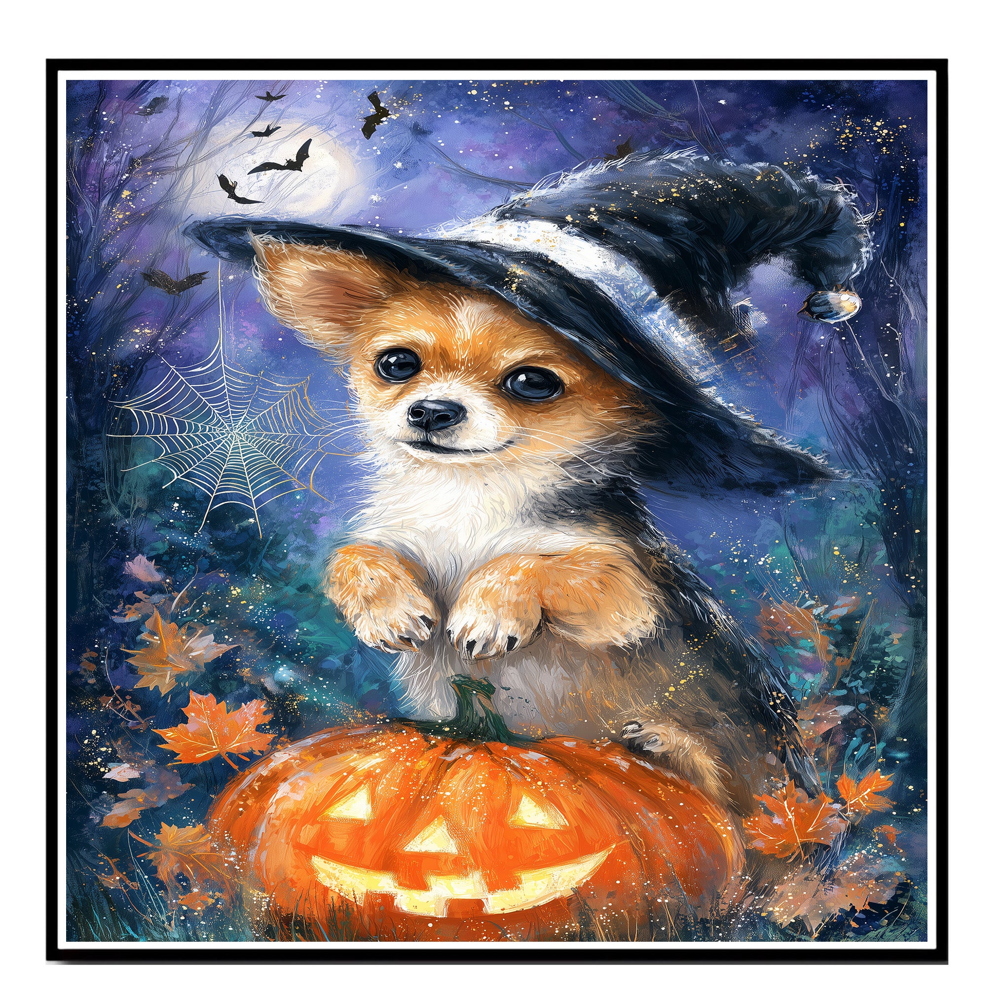 Chihuahua Puppy Halloween Spider Decorations Canvas Wall Art Cute Dog with Pumpkin Witch Hat for Home Décor on Ready to Hang 1.5" Thick Canvas Wrap, Floating Framed Canvas, Flat Rolled Canvas