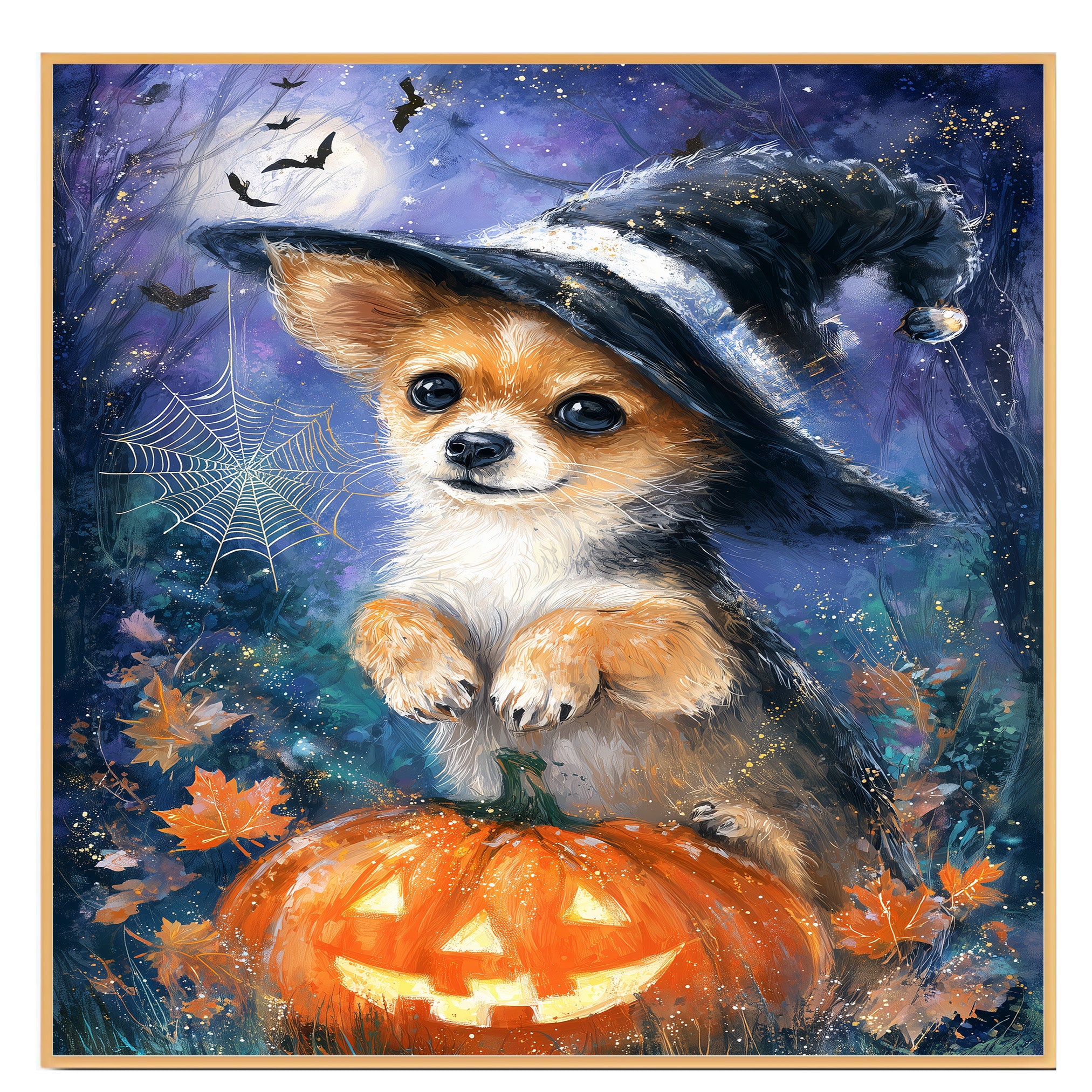 Chihuahua Puppy Halloween Spider Decorations Canvas Wall Art Cute Dog with Pumpkin Witch Hat for Home Décor on Ready to Hang 1.5" Thick Canvas Wrap, Floating Framed Canvas, Flat Rolled Canvas