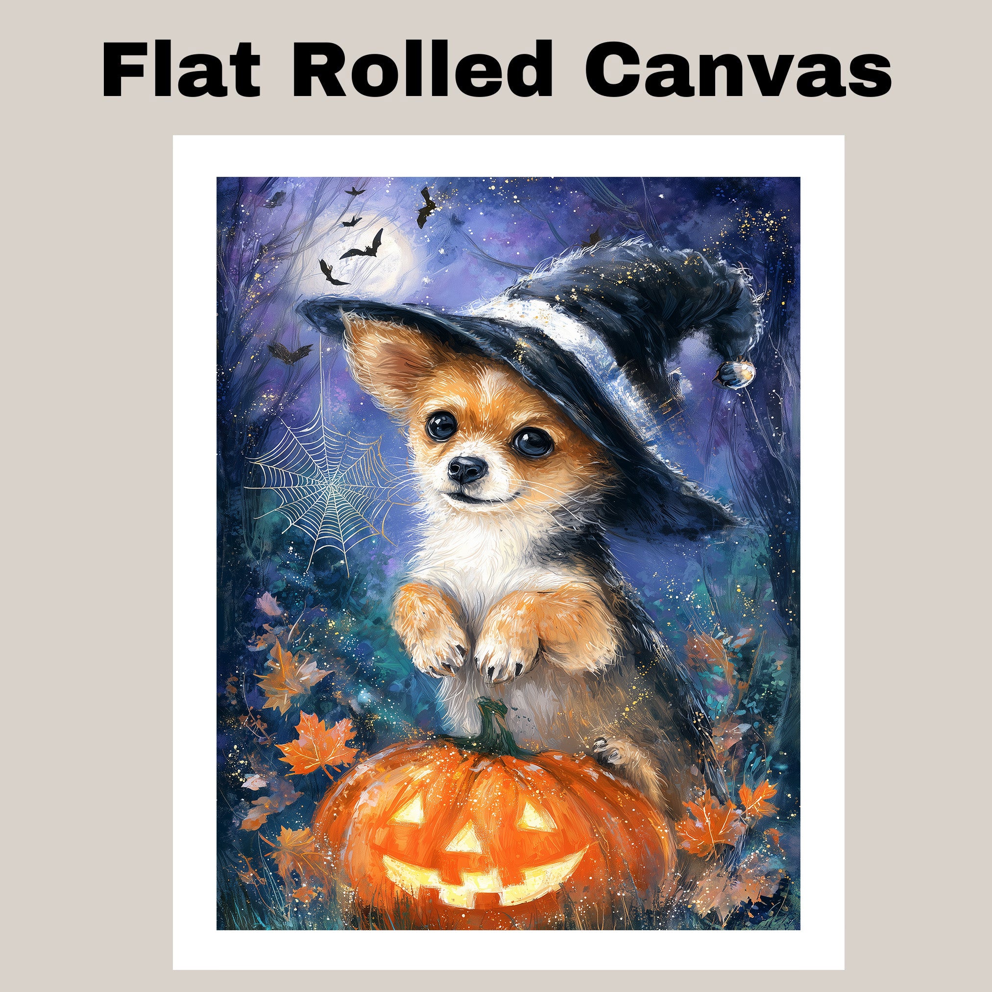 Chihuahua Puppy Halloween Spider Decorations Canvas Wall Art Cute Dog with Pumpkin Witch Hat for Home Décor on Ready to Hang 1.5" Thick Canvas Wrap, Floating Framed Canvas, Flat Rolled Canvas