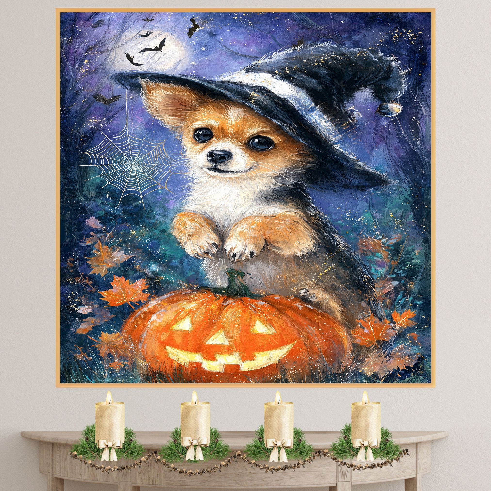 Chihuahua Puppy Halloween Spider Decorations Canvas Wall Art Cute Dog with Pumpkin Witch Hat for Home Décor on Ready to Hang 1.5" Thick Canvas Wrap, Floating Framed Canvas, Flat Rolled Canvas
