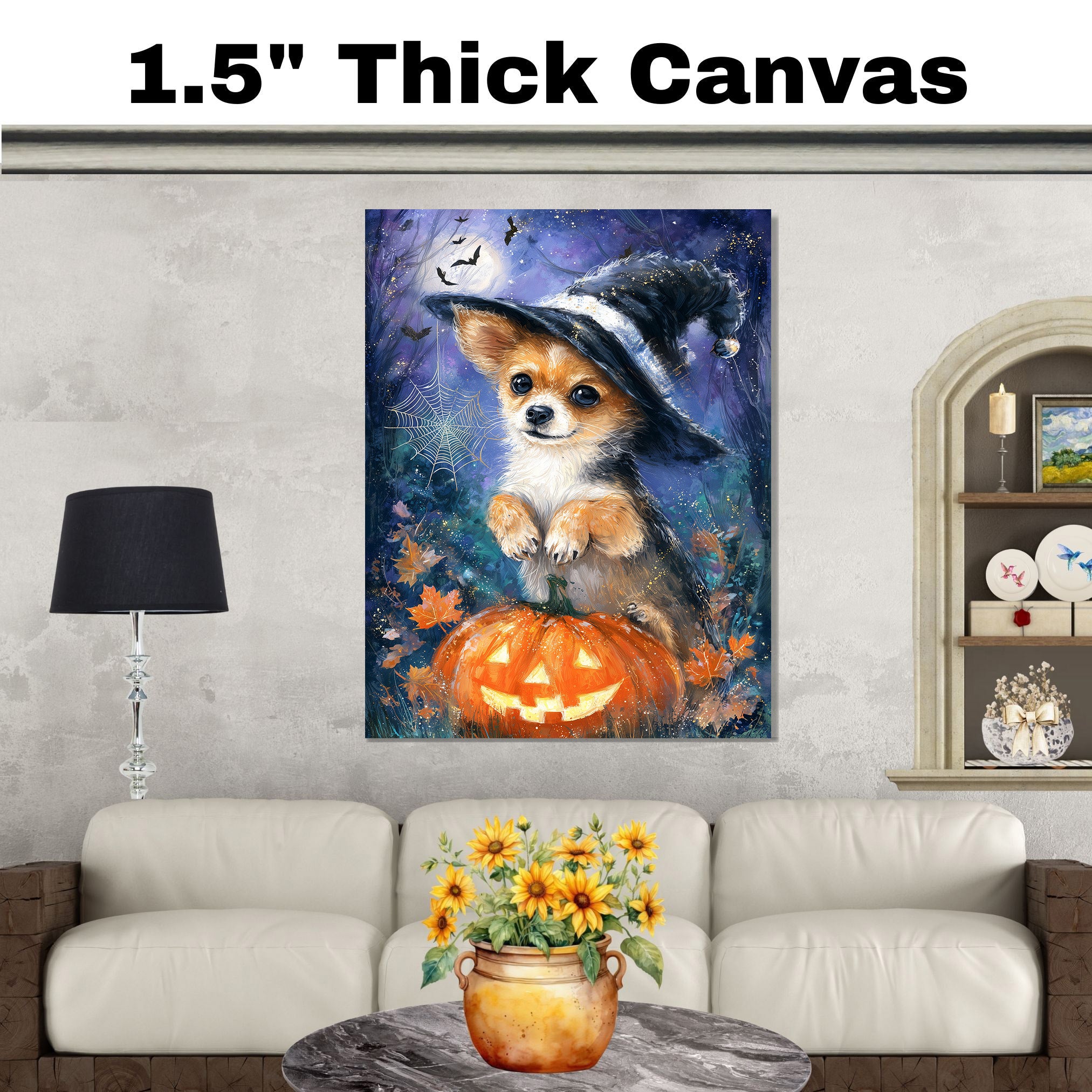 Chihuahua Puppy Halloween Spider Decorations Canvas Wall Art Cute Dog with Pumpkin Witch Hat for Home Décor on Ready to Hang 1.5" Thick Canvas Wrap, Floating Framed Canvas, Flat Rolled Canvas