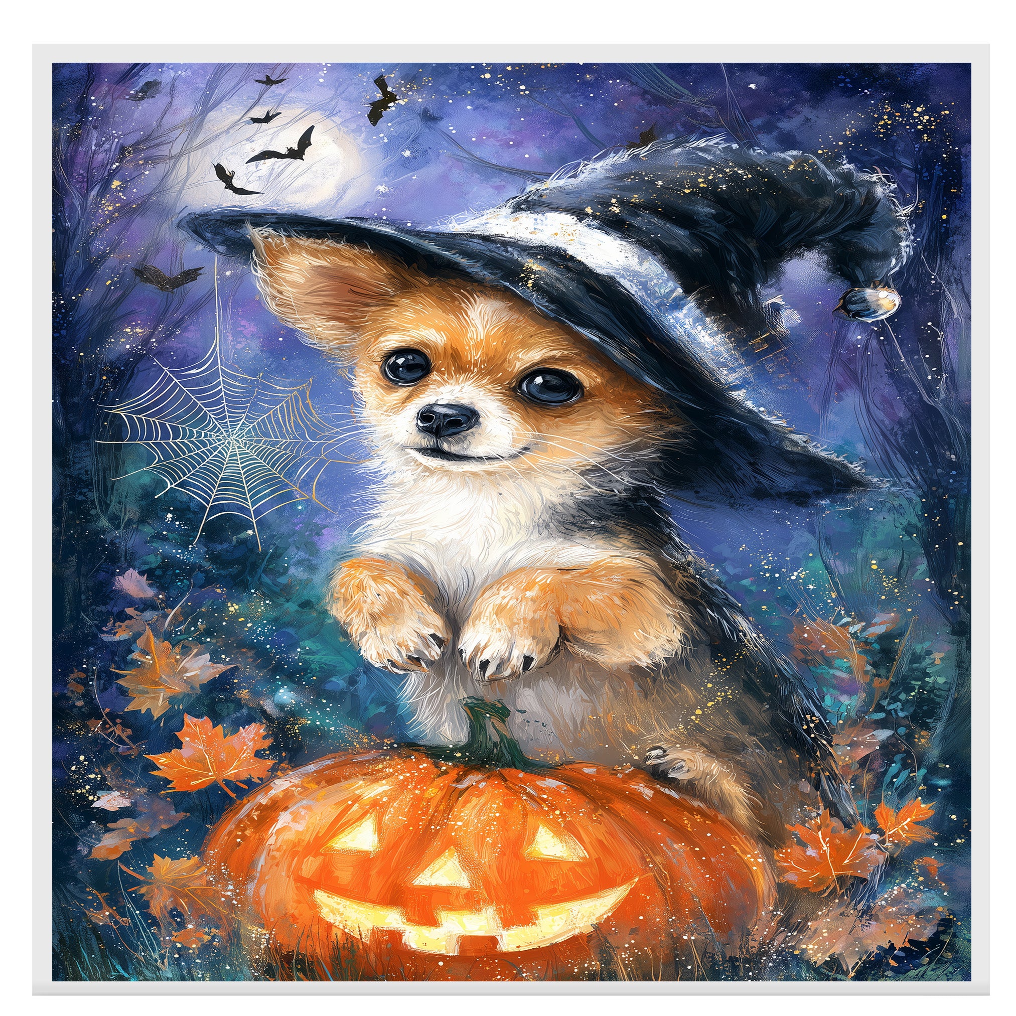 Chihuahua Puppy Halloween Spider Decorations Canvas Wall Art Cute Dog with Pumpkin Witch Hat for Home Décor on Ready to Hang 1.5" Thick Canvas Wrap, Floating Framed Canvas, Flat Rolled Canvas
