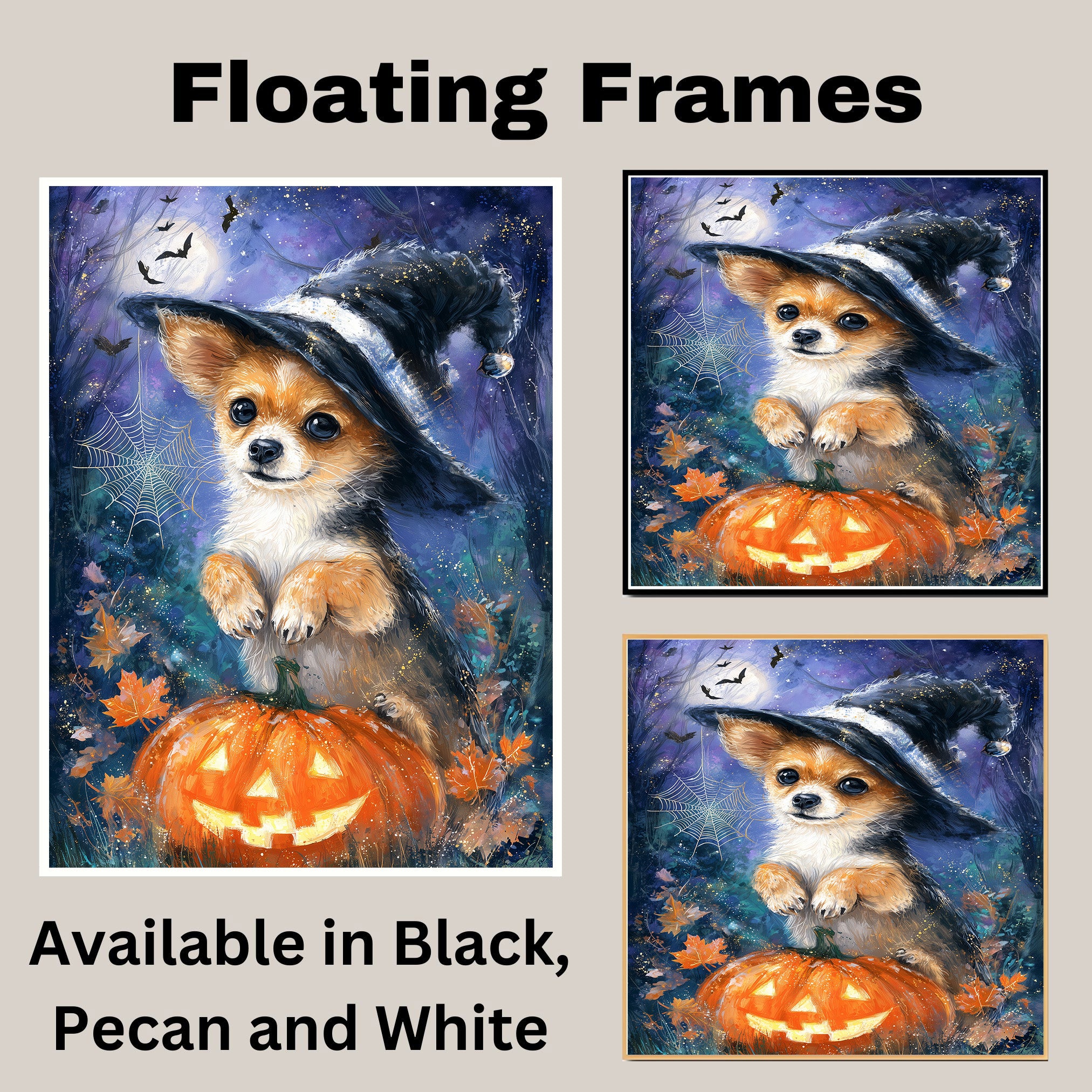 Chihuahua Puppy Halloween Spider Decorations Canvas Wall Art Cute Dog with Pumpkin Witch Hat for Home Décor on Ready to Hang 1.5" Thick Canvas Wrap, Floating Framed Canvas, Flat Rolled Canvas