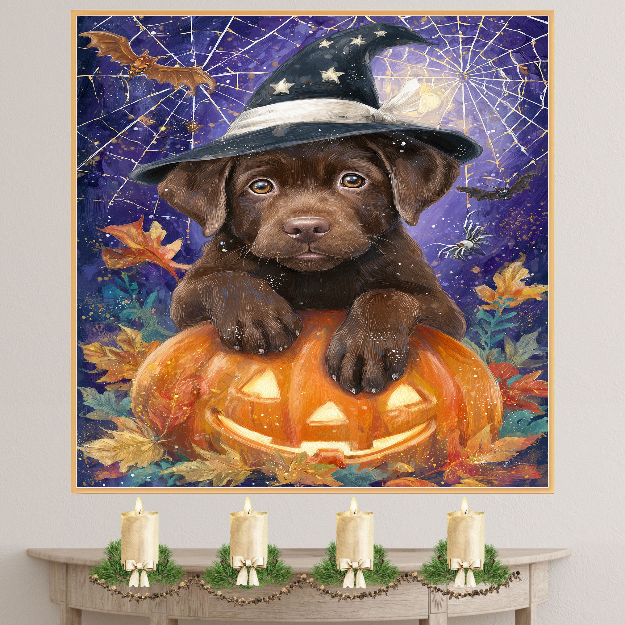 Chocolate Labrador Puppy Halloween Canvas Canvas for Holiday Home Wall Décor Gifts for Lab Moms Bedroom  on Ready to Hang 1.5" Thick Canvas Wrap, Floating Framed Canvas, Flat Rolled Canvas