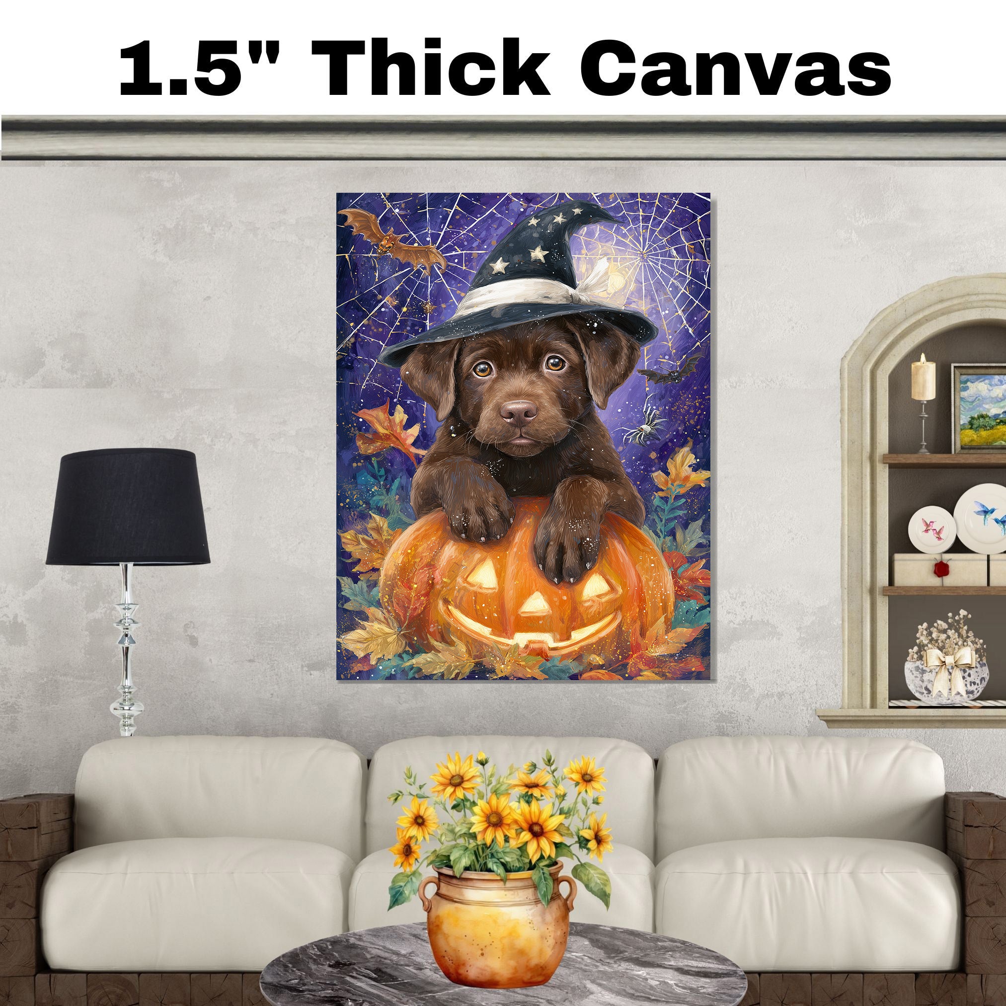 Chocolate Labrador Puppy Halloween Canvas Canvas for Holiday Home Wall Décor Gifts for Lab Moms Bedroom  on Ready to Hang 1.5" Thick Canvas Wrap, Floating Framed Canvas, Flat Rolled Canvas