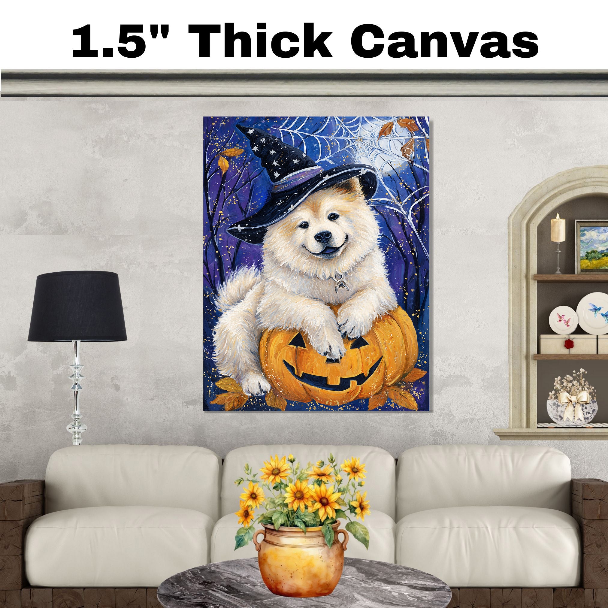 Chow Chow Puppy Halloween Canvas Wall Art for Dog Moms Pet Lovers Farmhouse and Living Room Decor on Ready to Hang 1.5" Thick Canvas Wrap, Floating Framed Canvas, Flat Rolled Canvas