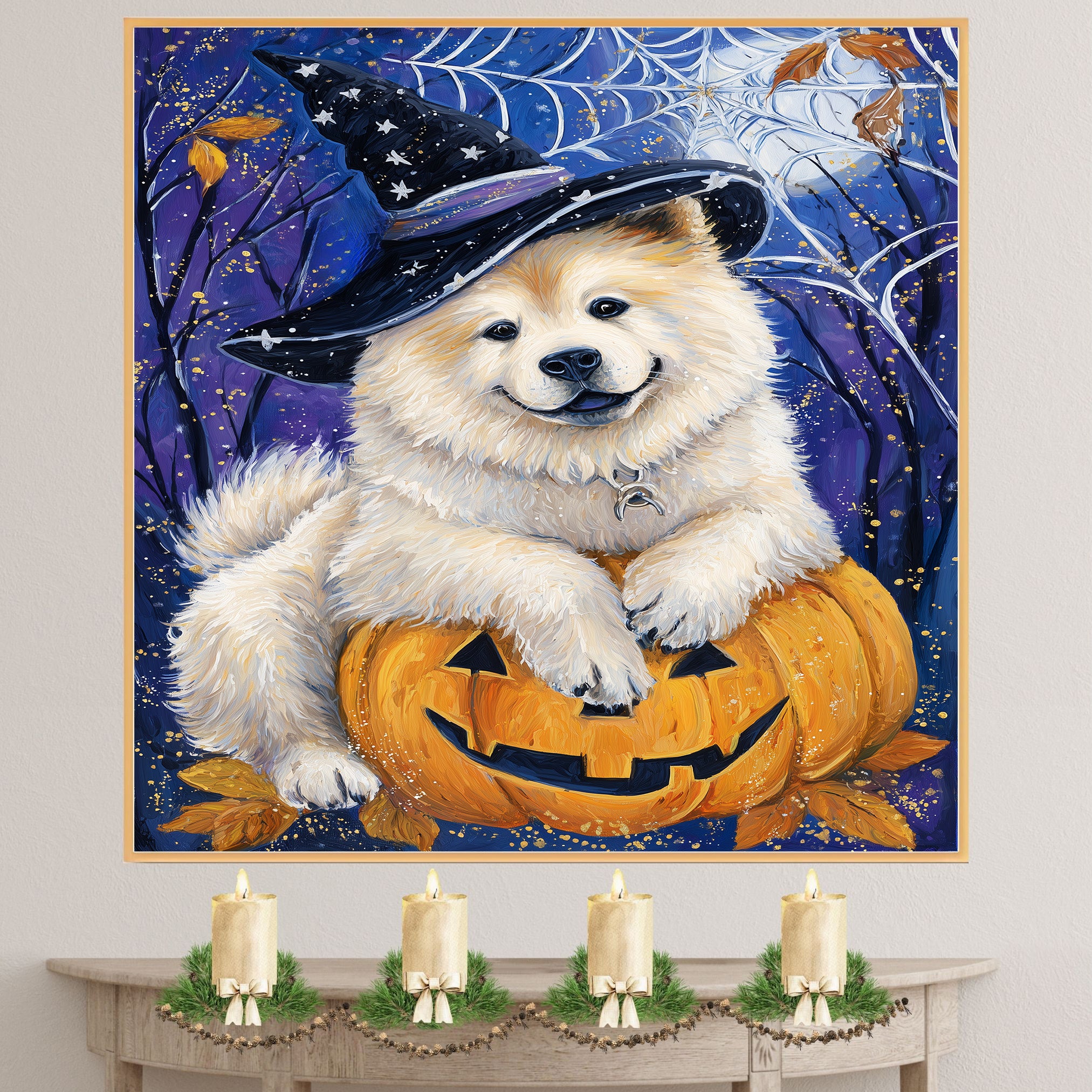 Chow Chow Puppy Halloween Canvas Wall Art for Dog Moms Pet Lovers Farmhouse and Living Room Decor on Ready to Hang 1.5" Thick Canvas Wrap, Floating Framed Canvas, Flat Rolled Canvas