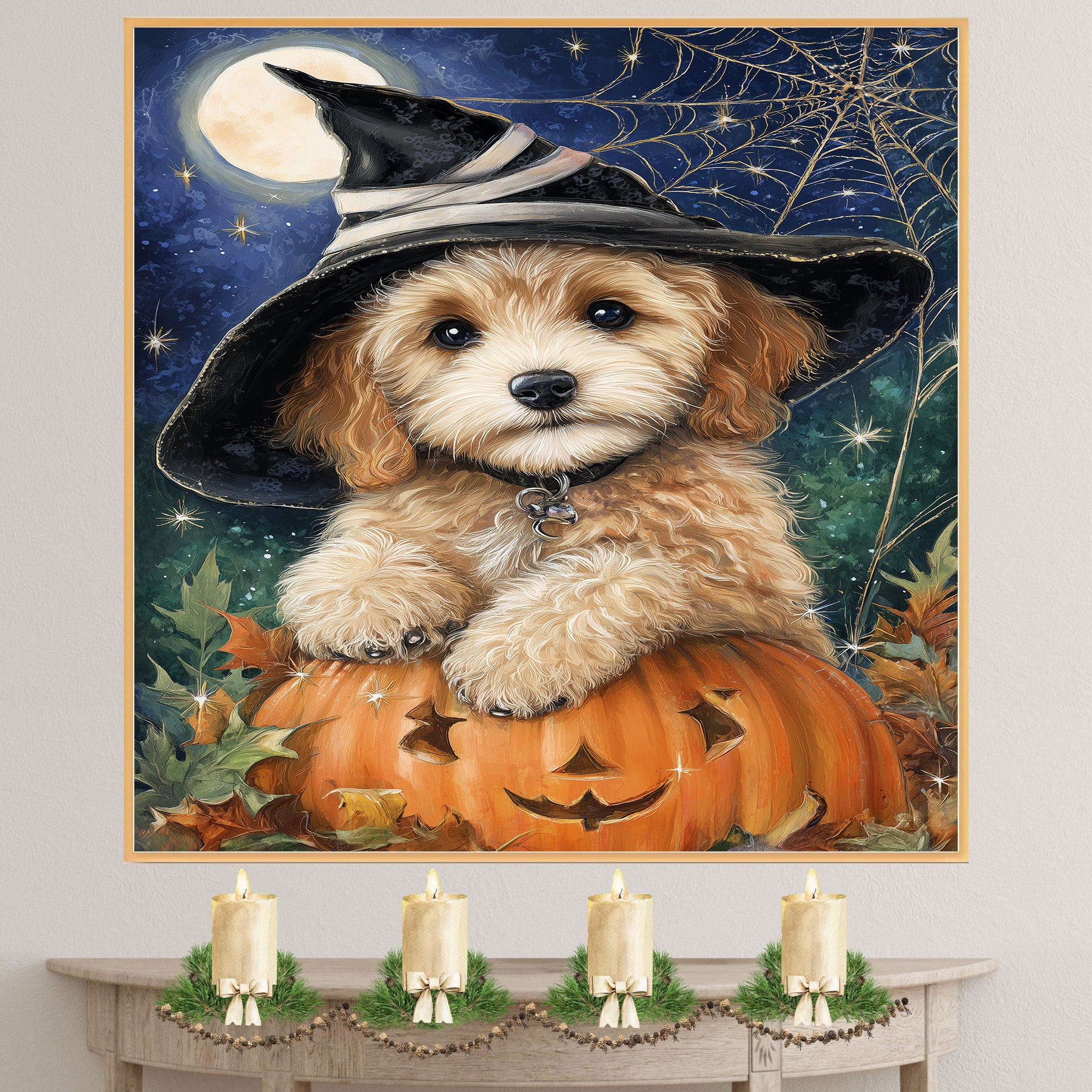 Cockapoo Puppy Halloween Canvas Wall Art for Dog Moms Pet Lovers Farmhouse Nursery and Living Room Decor on Ready to Hang 1.5" Thick Canvas Wrap, Floating Framed Canvas, Flat Rolled Canvas