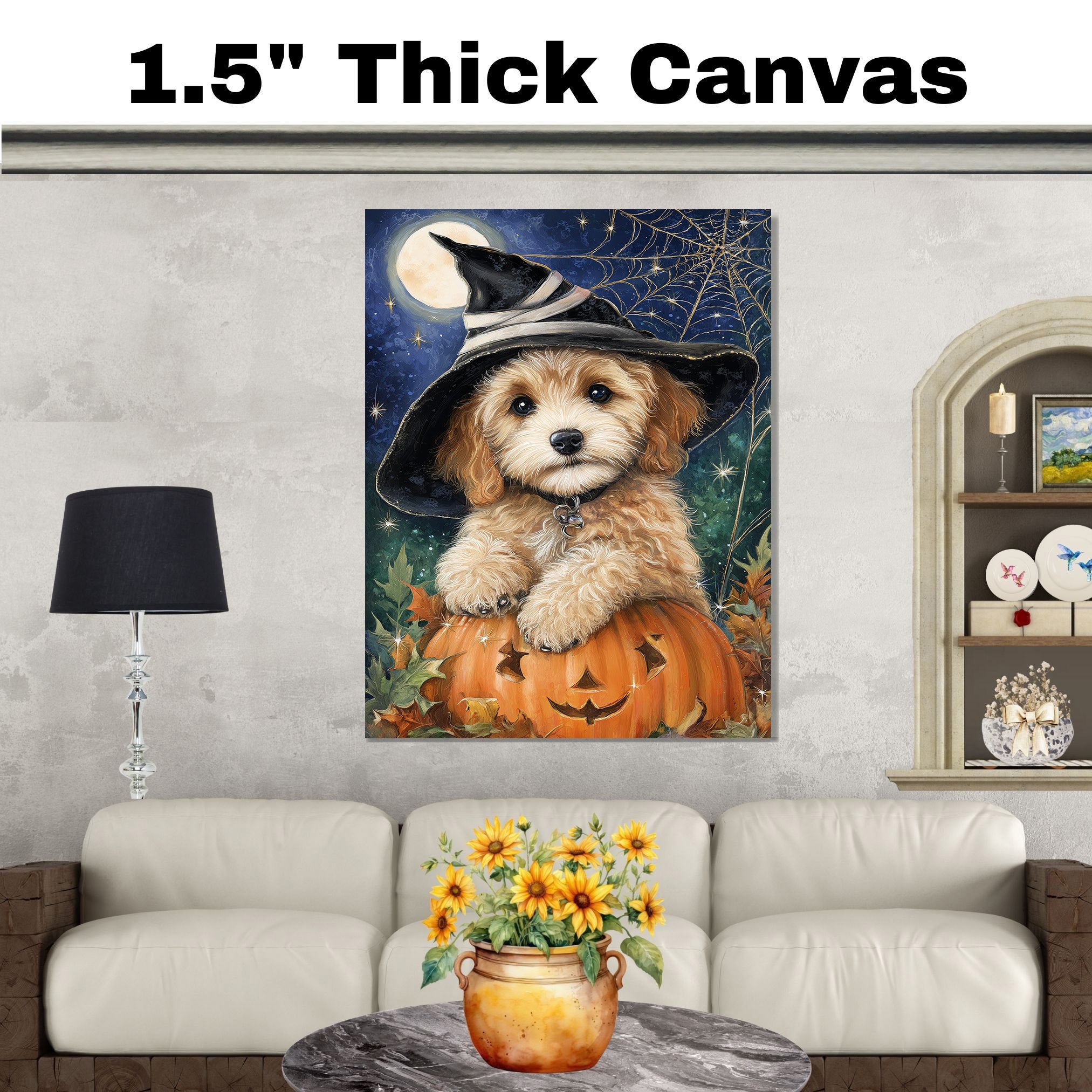 Cockapoo Puppy Halloween Canvas Wall Art for Dog Moms Pet Lovers Farmhouse Nursery and Living Room Decor on Ready to Hang 1.5" Thick Canvas Wrap, Floating Framed Canvas, Flat Rolled Canvas