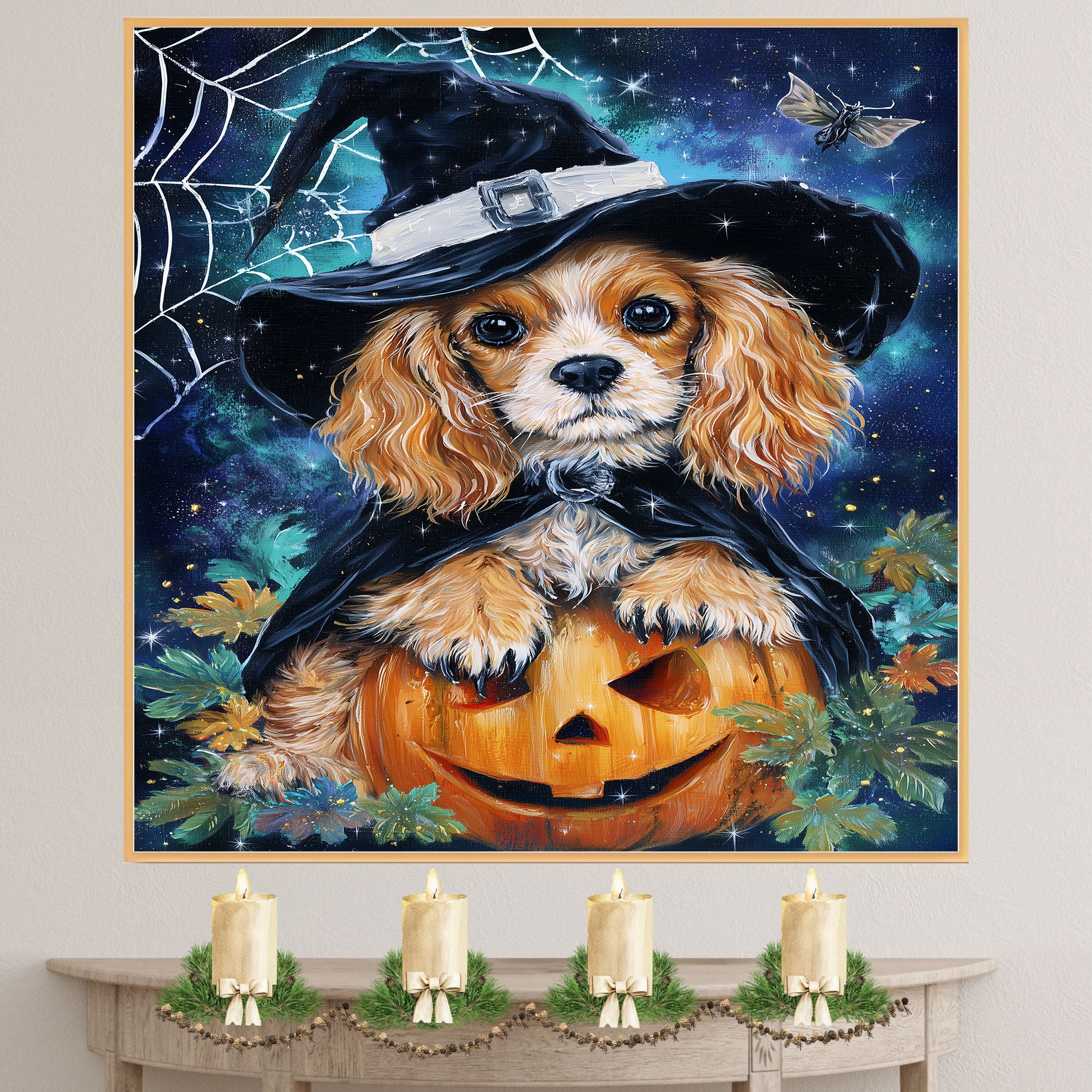 Halloween Cocker Spaniel Puppy Wall Art Canvas Print for Pet Lovers Seasonal Home Bedroom Office and Entryway Decor on Ready to Hang 1.5" Thick Canvas Wrap, Floating Framed Canvas, Flat Rolled Canvas