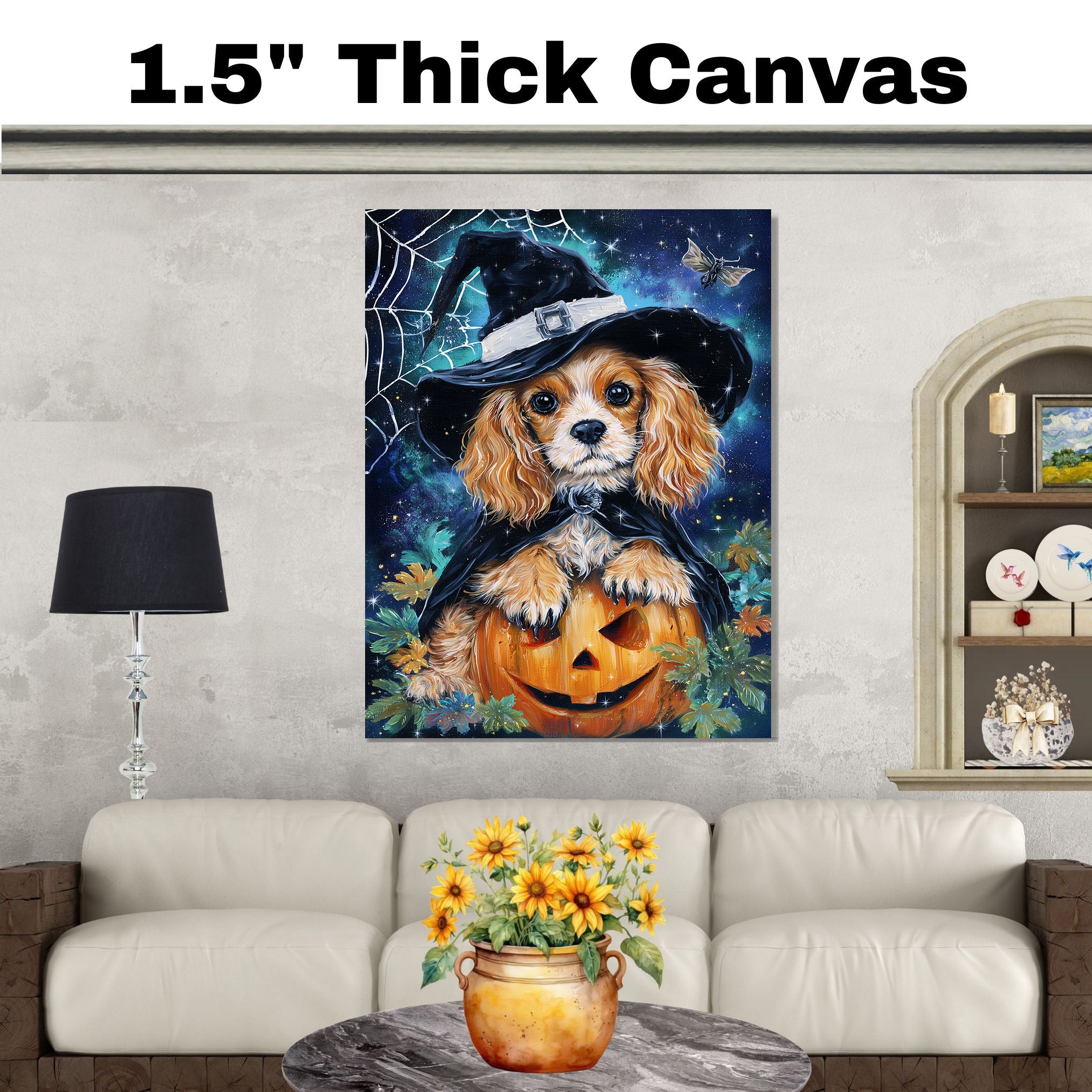 Halloween Cocker Spaniel Puppy Wall Art Canvas Print for Pet Lovers Seasonal Home Bedroom Office and Entryway Decor on Ready to Hang 1.5" Thick Canvas Wrap, Floating Framed Canvas, Flat Rolled Canvas