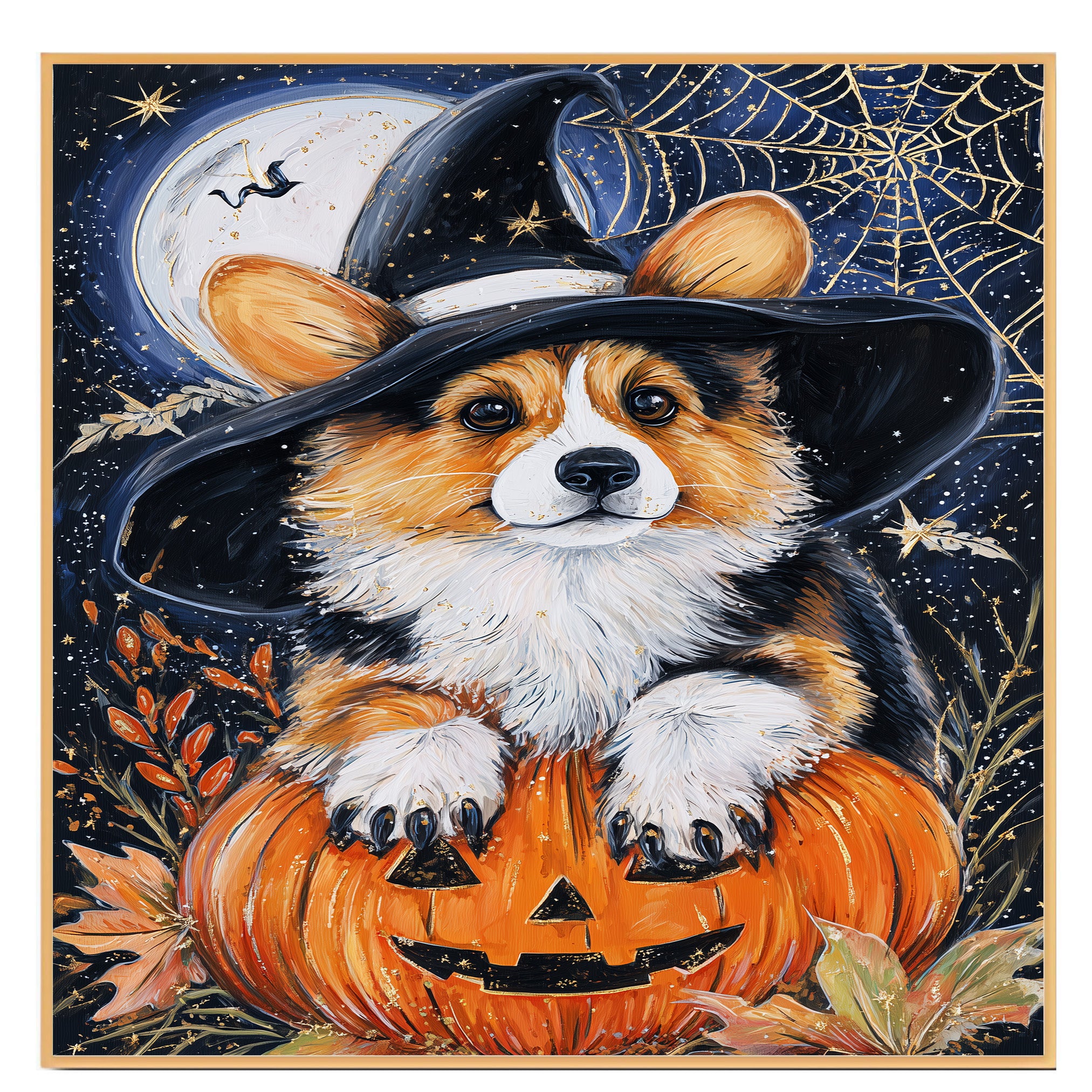 Halloween Corgi Puppy Canvas Wall Art Print for Dog Lovers Seasonal Gift Living Room Kids Room and Holiday Decor on Ready to Hang 1.5" Thick Canvas Wrap, Floating Framed Canvas, Flat Rolled Canvas