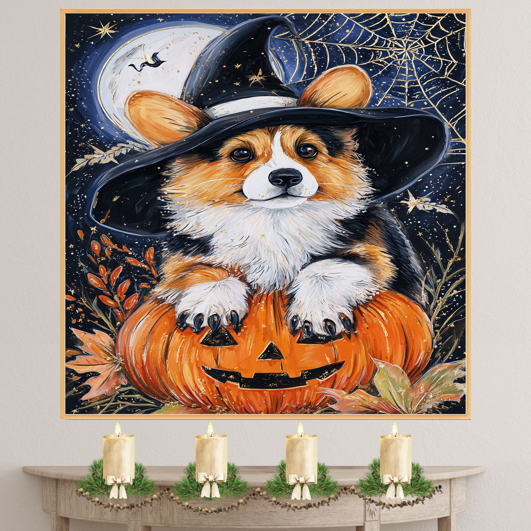 Halloween Corgi Puppy Canvas Wall Art Print for Dog Lovers Seasonal Gift Living Room Kids Room and Holiday Decor on Ready to Hang 1.5" Thick Canvas Wrap, Floating Framed Canvas, Flat Rolled Canvas
