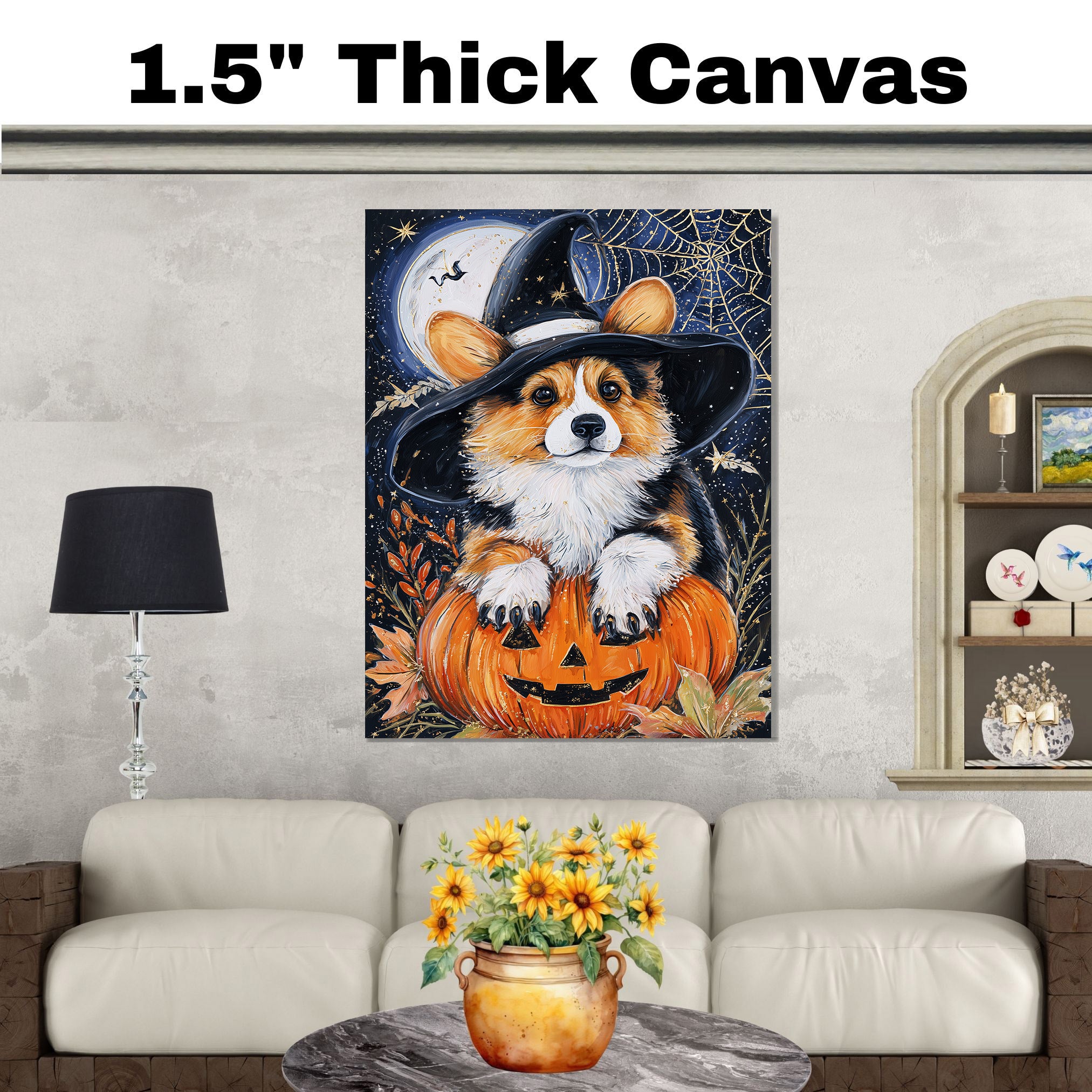 Halloween Corgi Puppy Canvas Wall Art Print for Dog Lovers Seasonal Gift Living Room Kids Room and Holiday Decor on Ready to Hang 1.5" Thick Canvas Wrap, Floating Framed Canvas, Flat Rolled Canvas